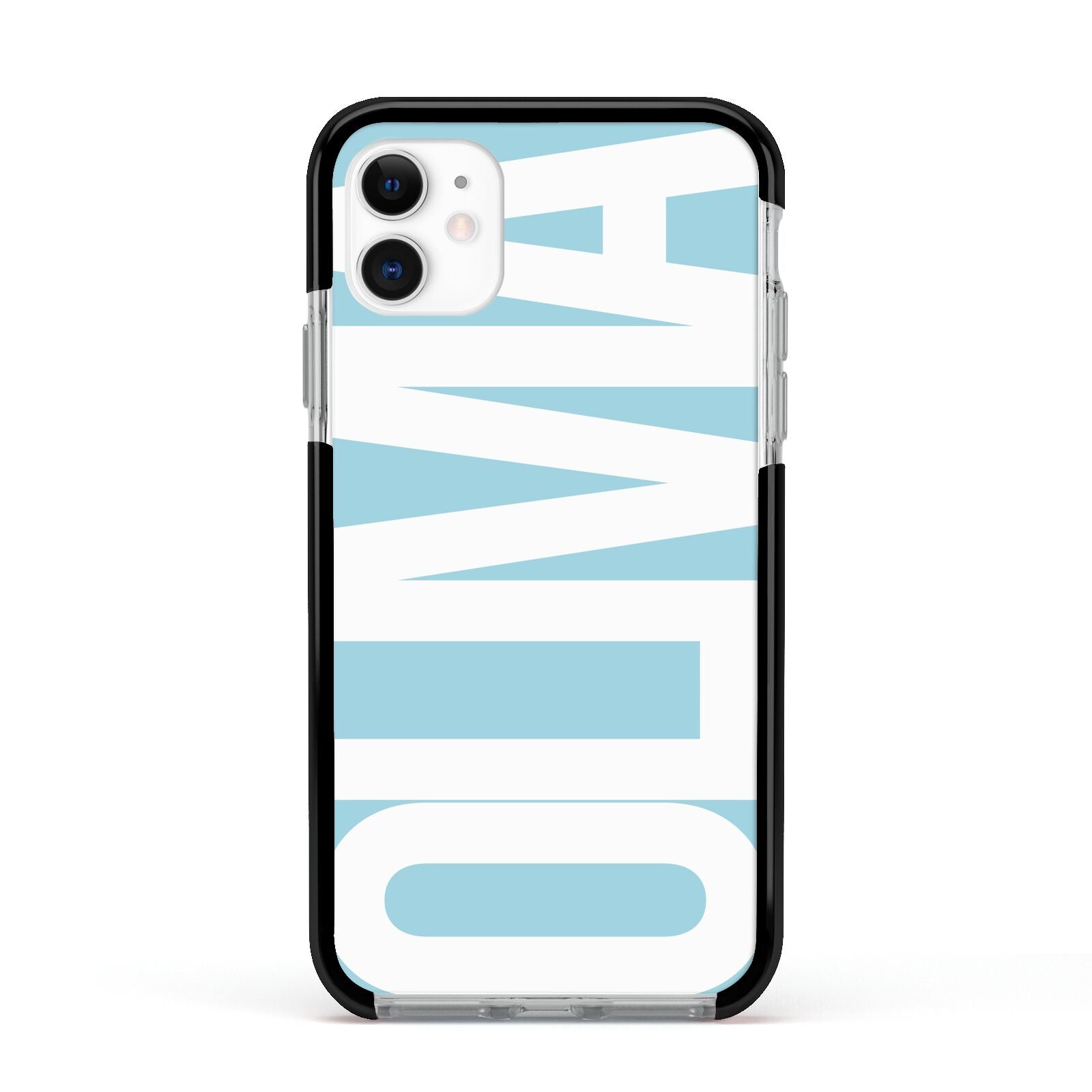 Light Blue with Bold White Name Apple iPhone 11 in White with Black Impact Case