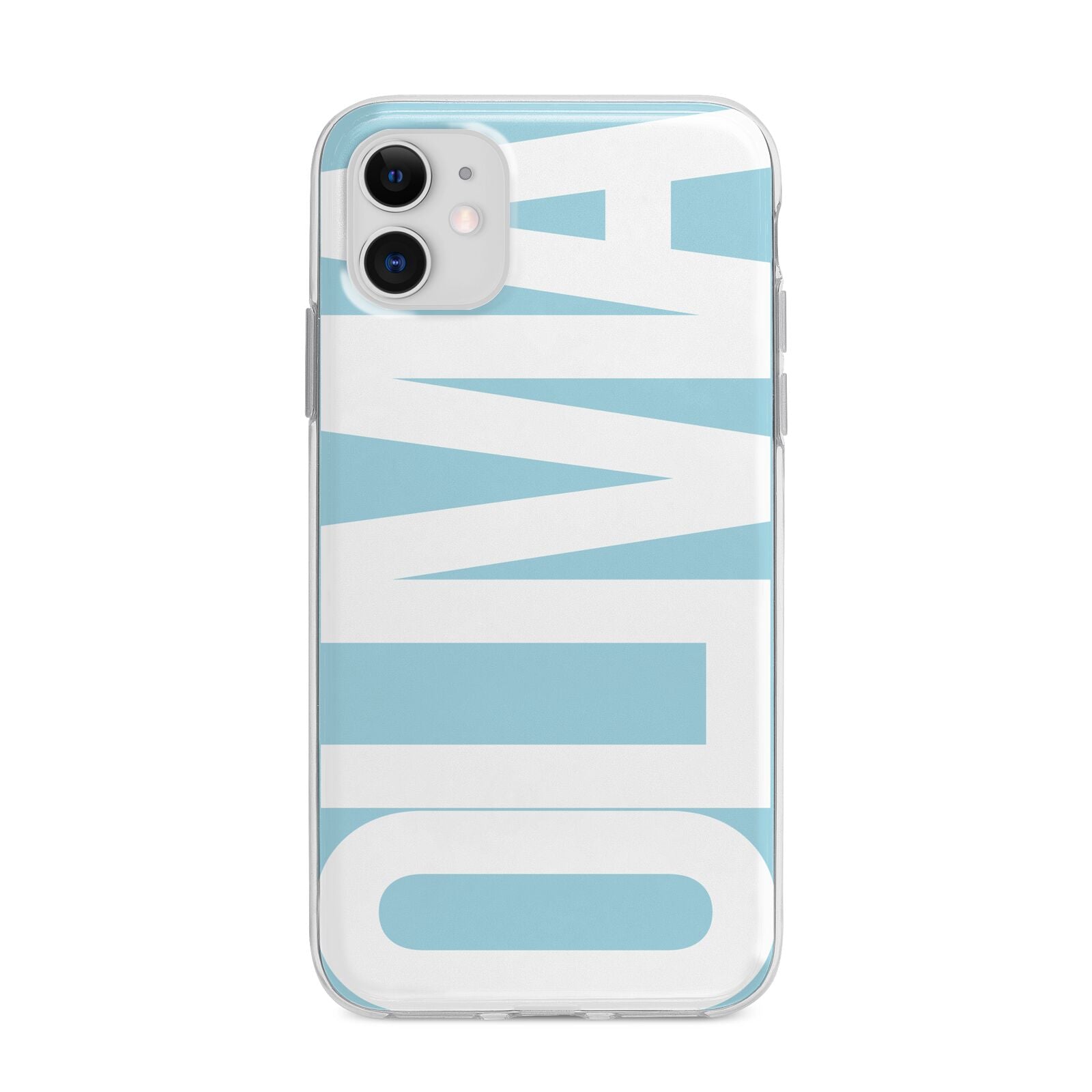 Light Blue with Bold White Name Apple iPhone 11 in White with Bumper Case