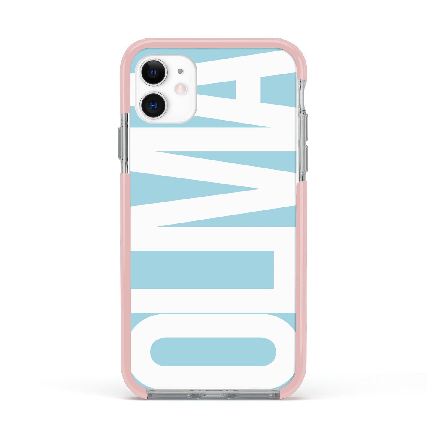 Light Blue with Bold White Name Apple iPhone 11 in White with Pink Impact Case