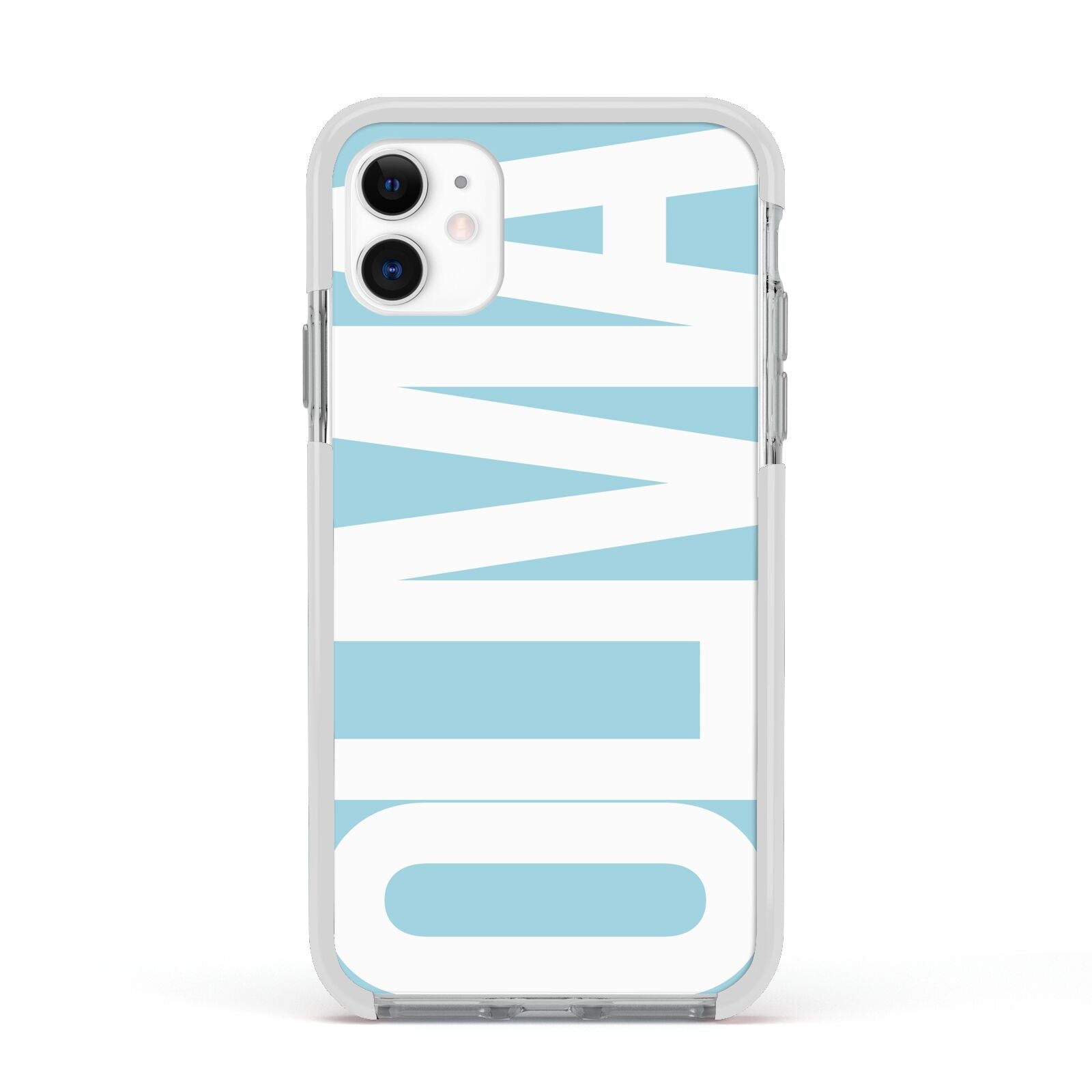 Light Blue with Bold White Name Apple iPhone 11 in White with White Impact Case