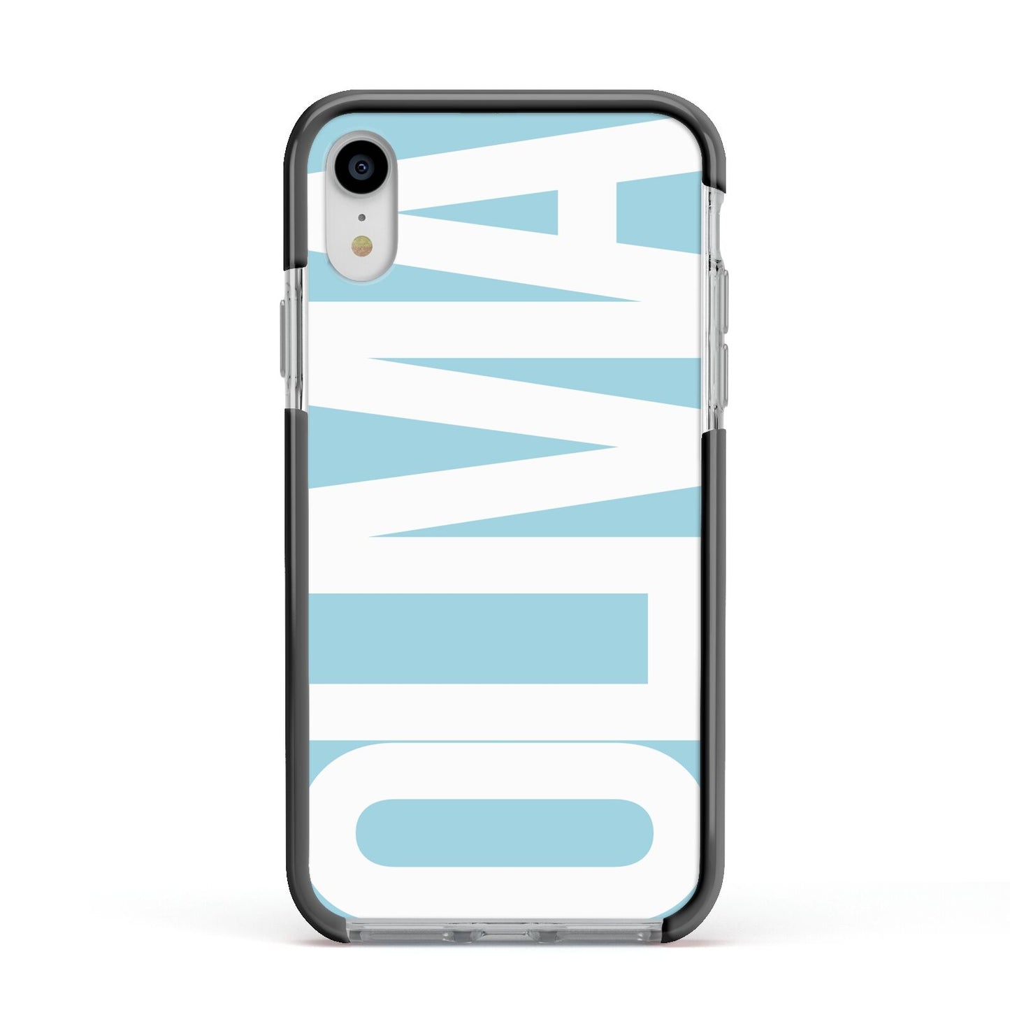 Light Blue with Bold White Name Apple iPhone XR Impact Case Black Edge on Silver Phone