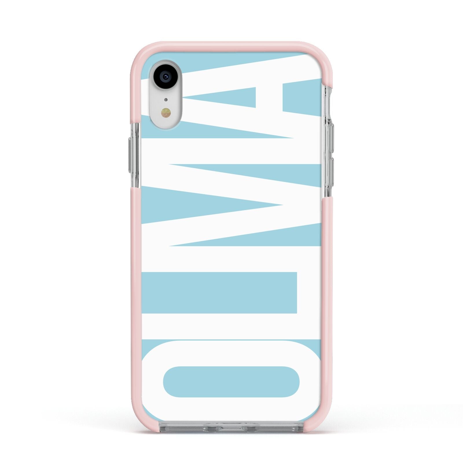 Light Blue with Bold White Name Apple iPhone XR Impact Case Pink Edge on Silver Phone