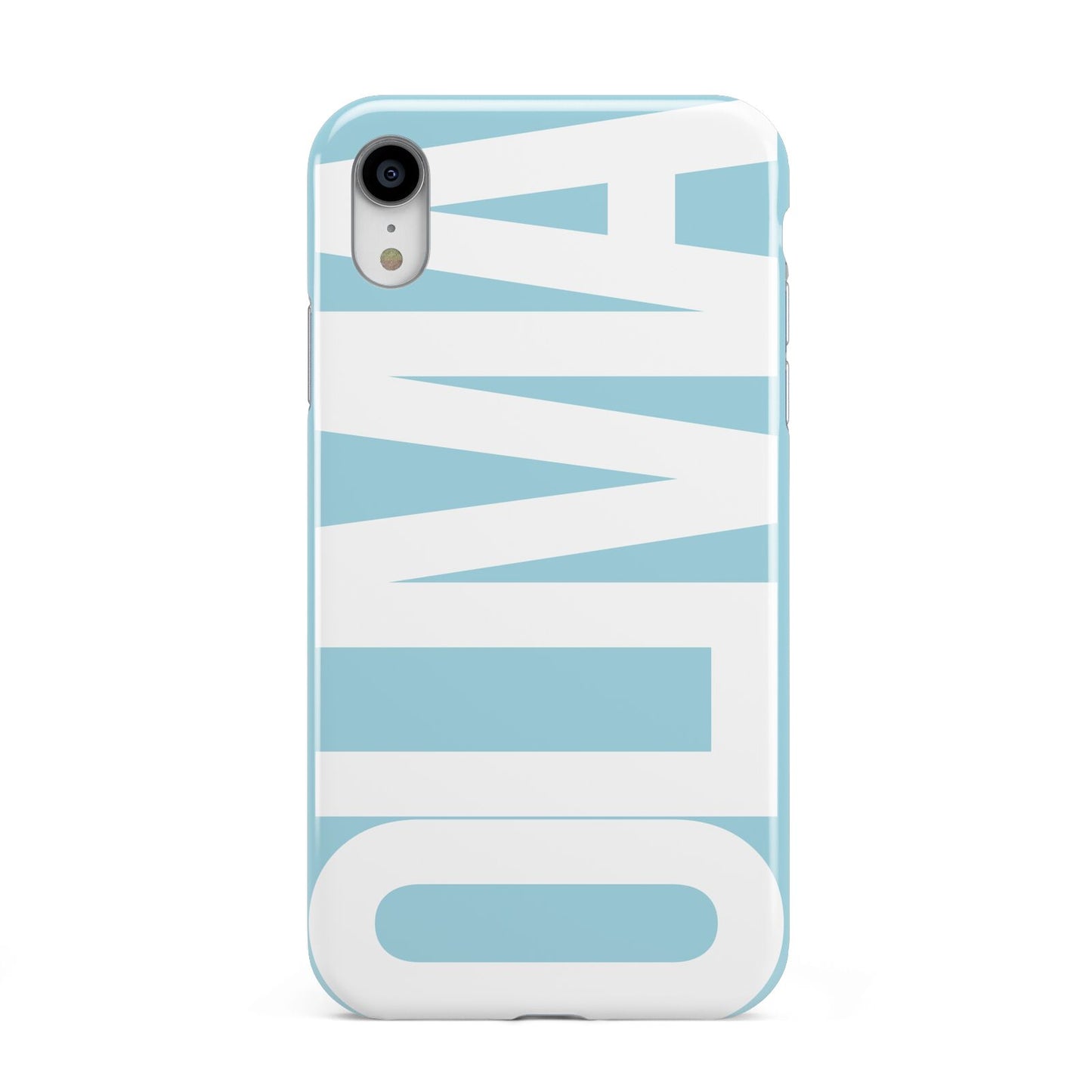 Light Blue with Bold White Name Apple iPhone XR White 3D Tough Case