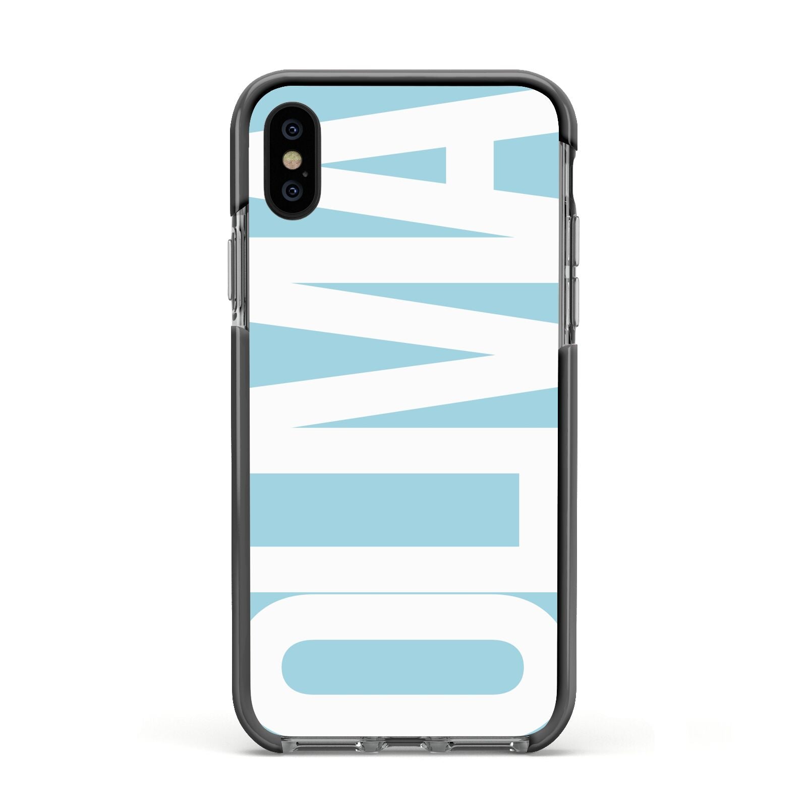 Light Blue with Bold White Name Apple iPhone Xs Impact Case Black Edge on Black Phone