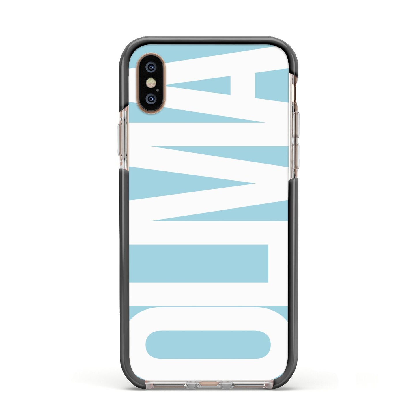 Light Blue with Bold White Name Apple iPhone Xs Impact Case Black Edge on Gold Phone