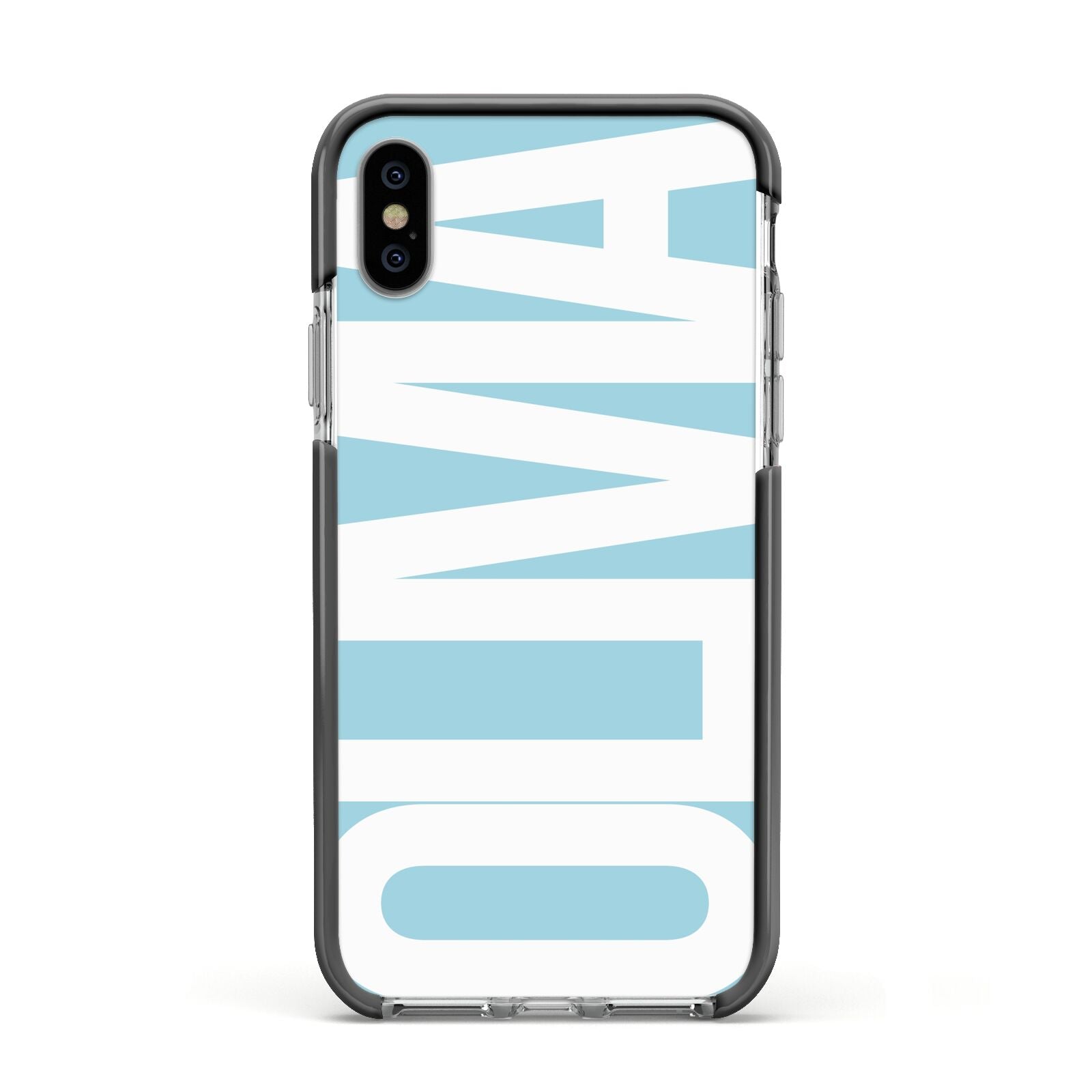 Light Blue with Bold White Name Apple iPhone Xs Impact Case Black Edge on Silver Phone