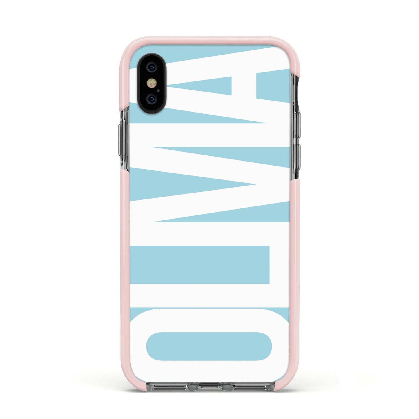 Light Blue with Bold White Name Apple iPhone Xs Impact Case Pink Edge on Black Phone