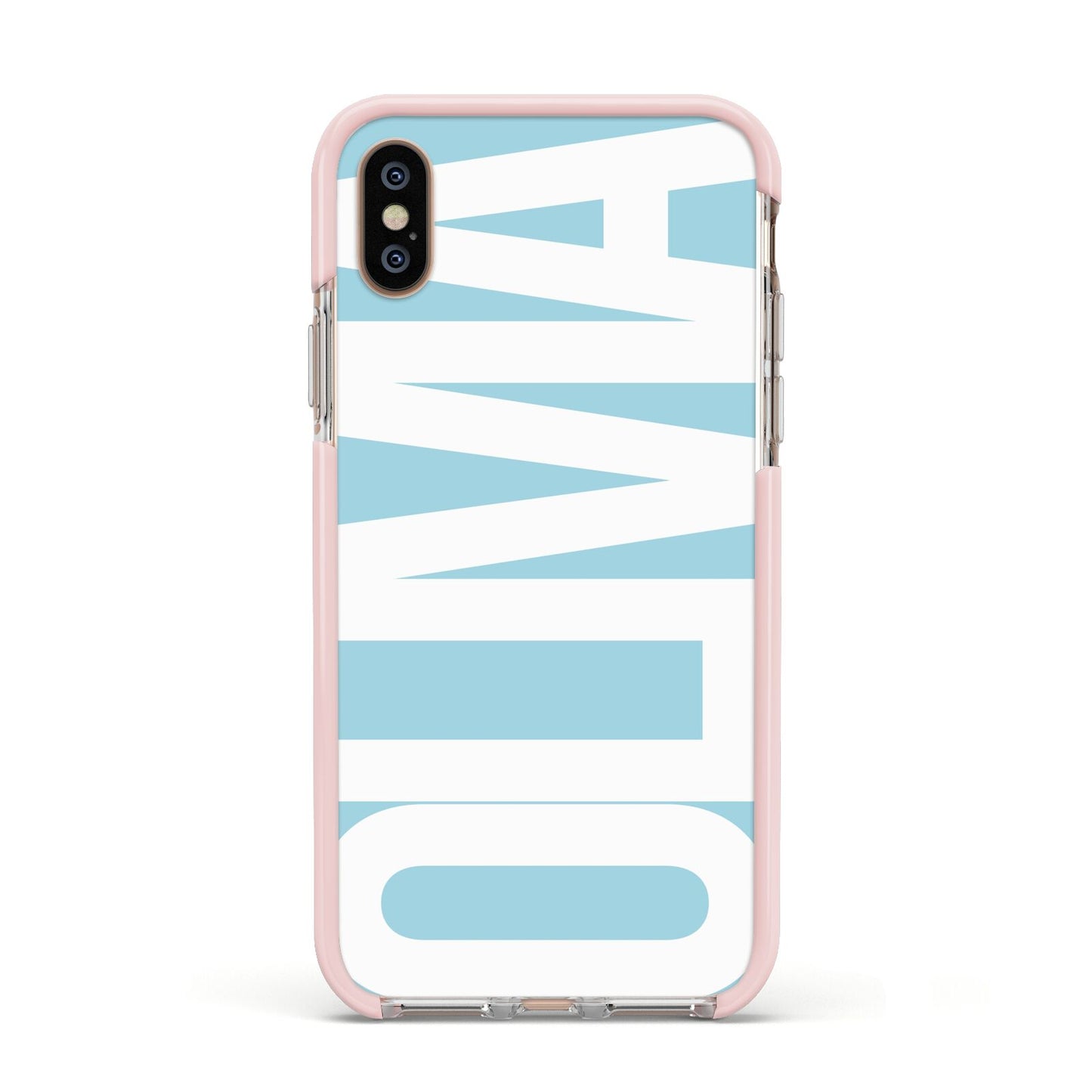 Light Blue with Bold White Name Apple iPhone Xs Impact Case Pink Edge on Gold Phone