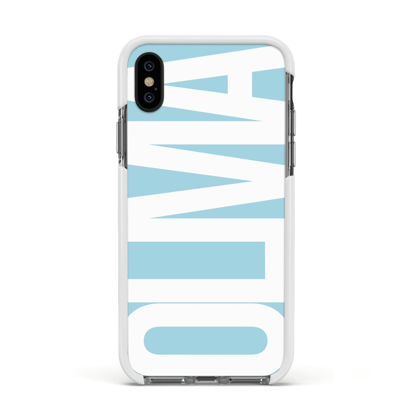 Light Blue with Bold White Name Apple iPhone Xs Impact Case White Edge on Black Phone