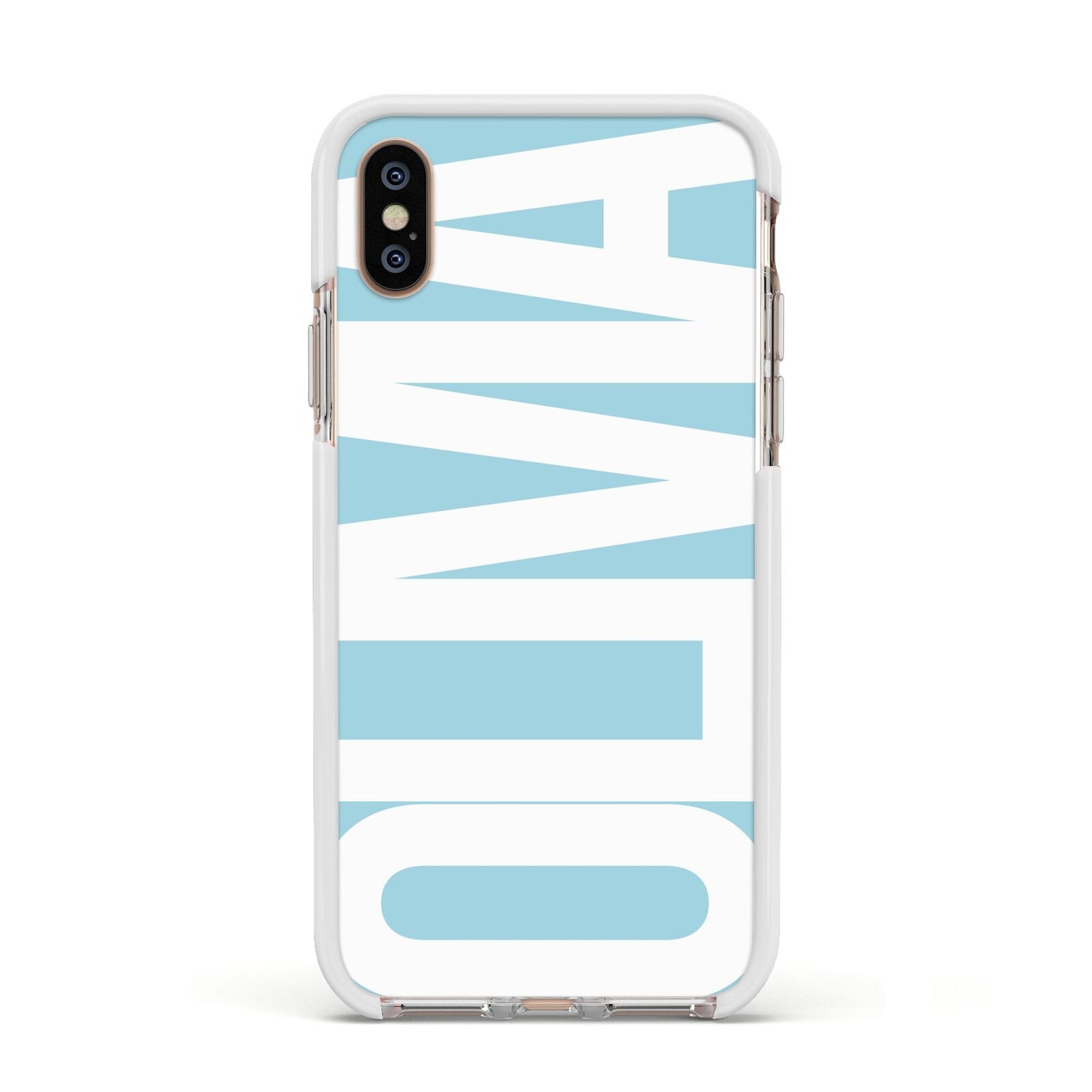 Light Blue with Bold White Name Apple iPhone Xs Impact Case White Edge on Gold Phone