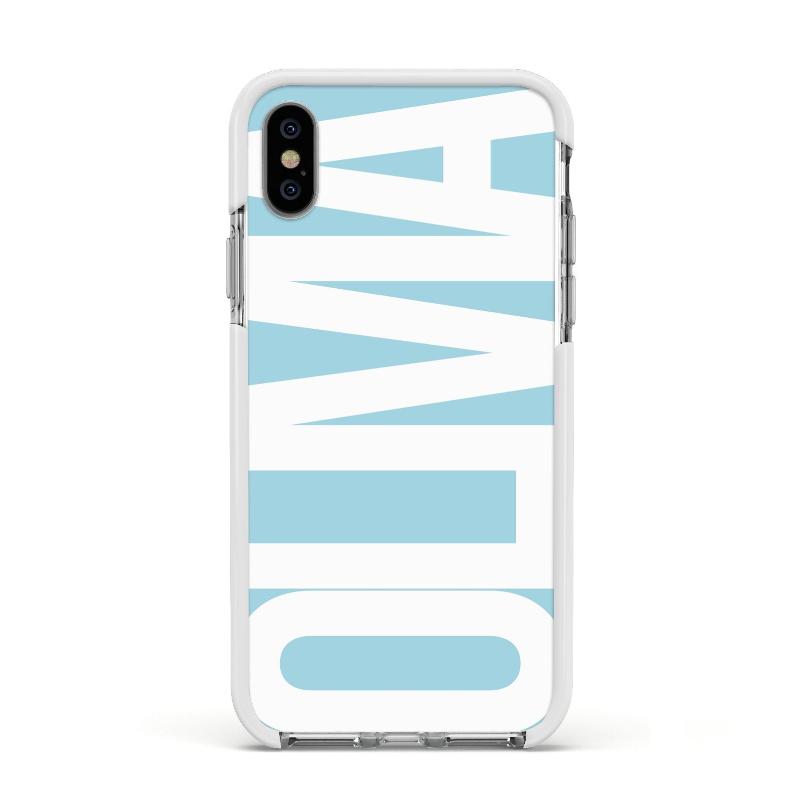 Light Blue with Bold White Name Apple iPhone Xs Impact Case White Edge on Silver Phone