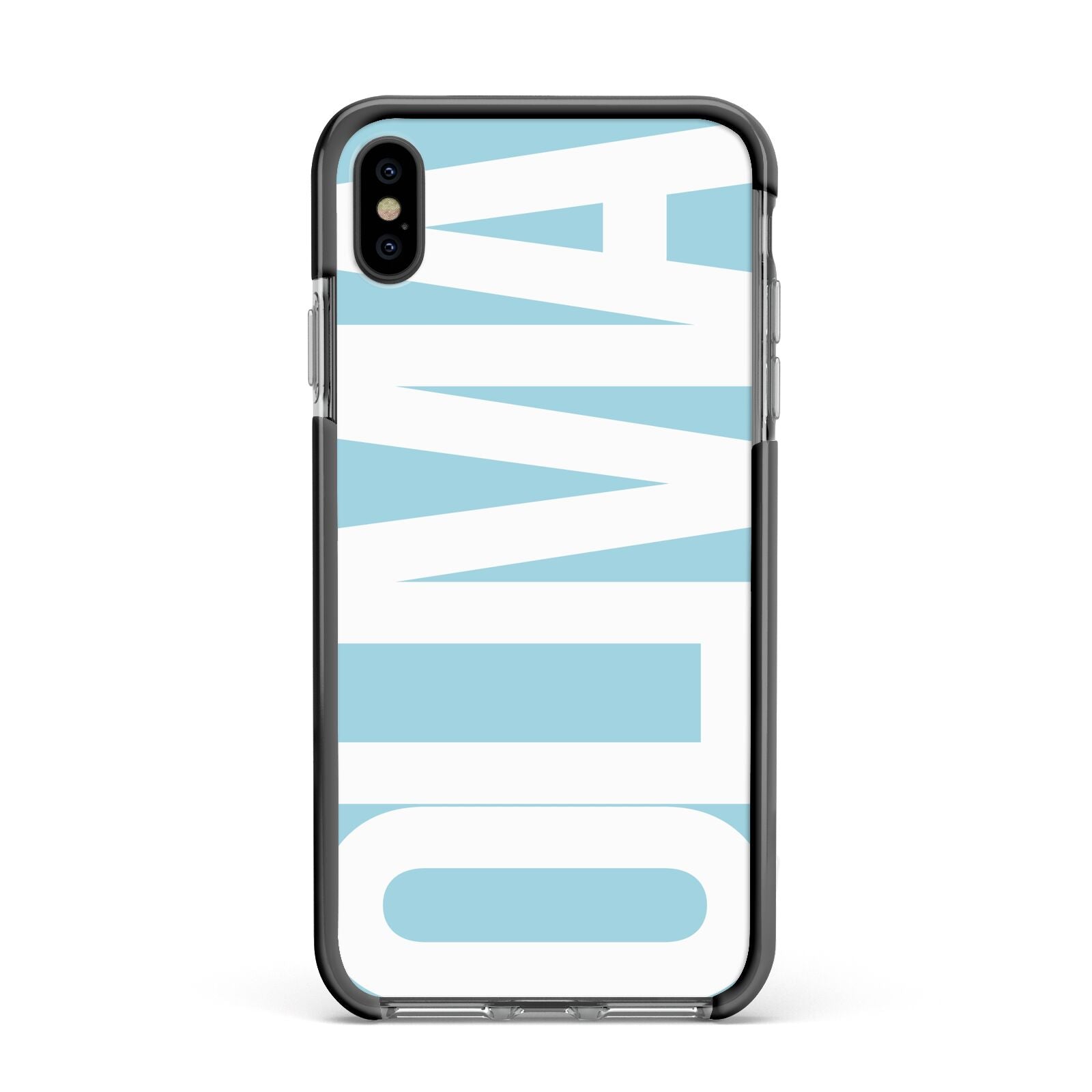 Light Blue with Bold White Name Apple iPhone Xs Max Impact Case Black Edge on Black Phone