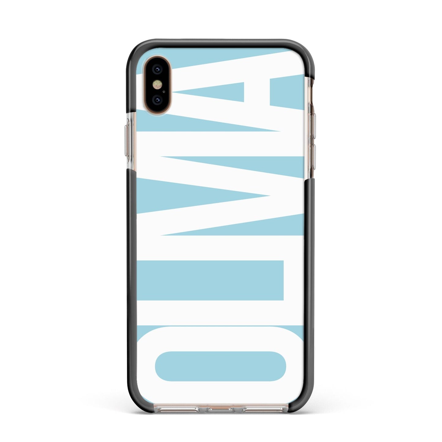 Light Blue with Bold White Name Apple iPhone Xs Max Impact Case Black Edge on Gold Phone