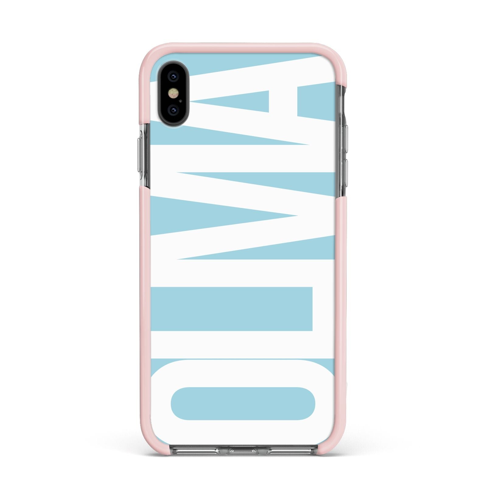 Light Blue with Bold White Name Apple iPhone Xs Max Impact Case Pink Edge on Black Phone