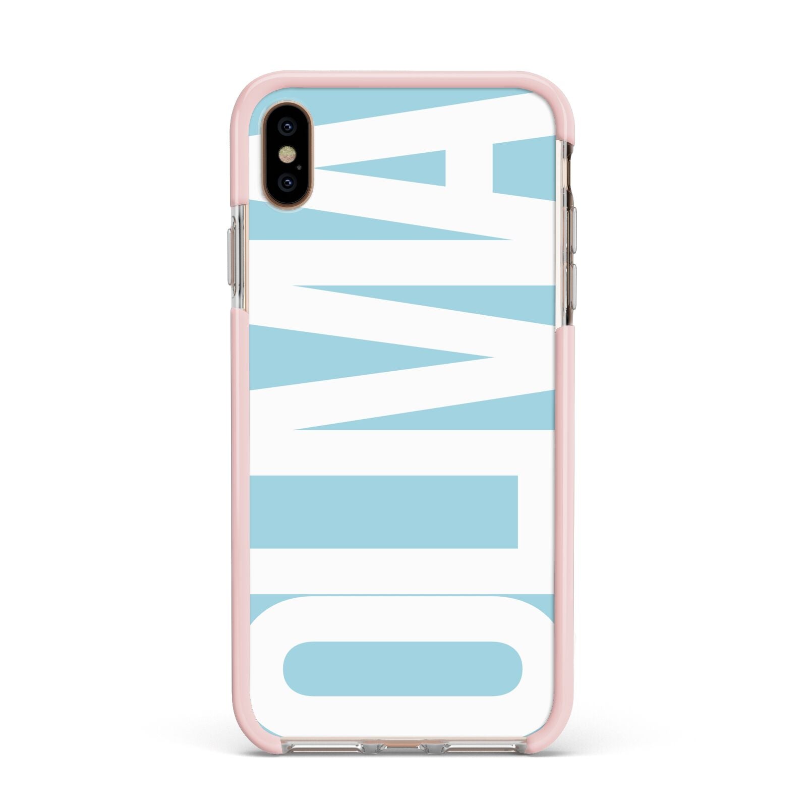 Light Blue with Bold White Name Apple iPhone Xs Max Impact Case Pink Edge on Gold Phone