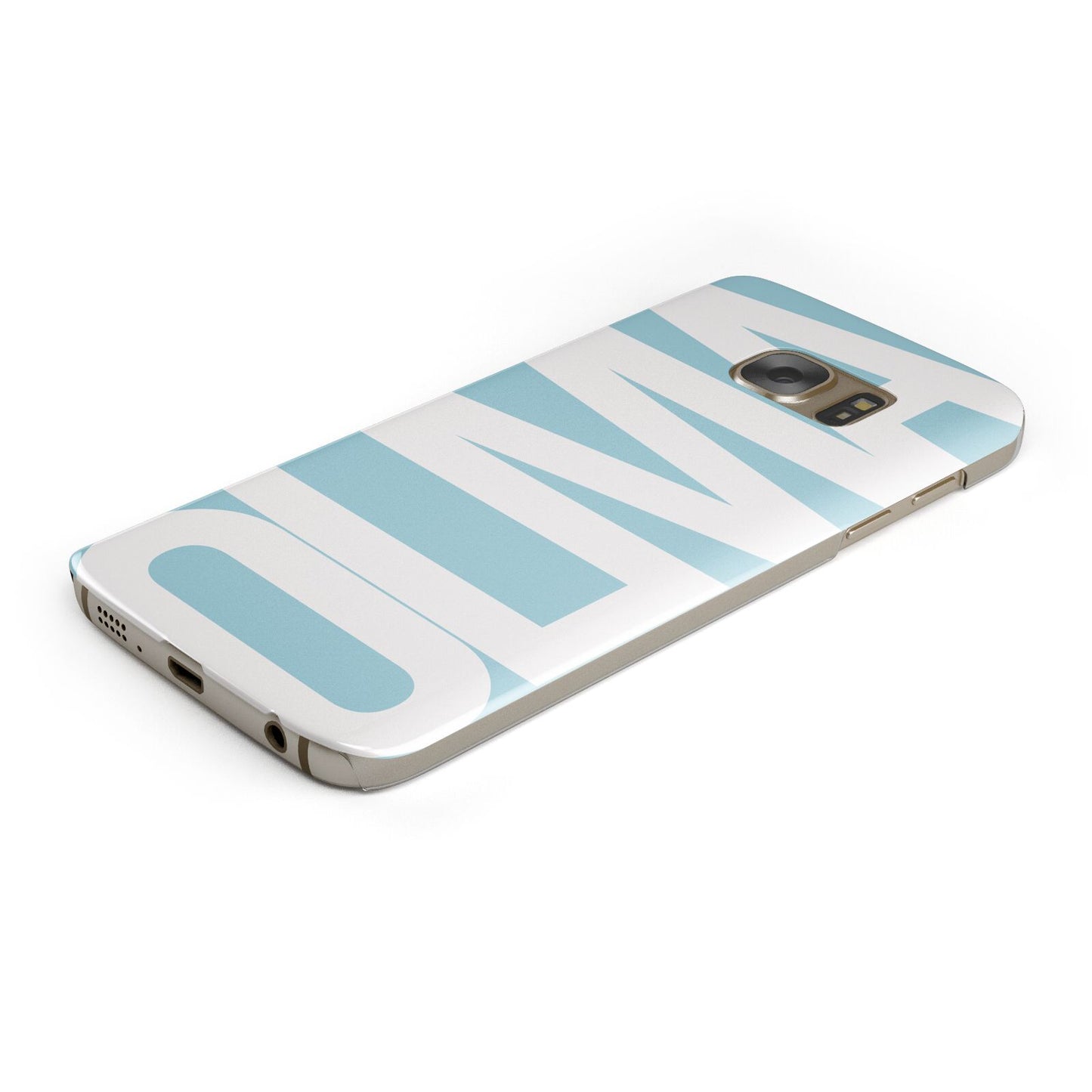 Light Blue with Bold White Name Protective Samsung Galaxy Case Angled Image