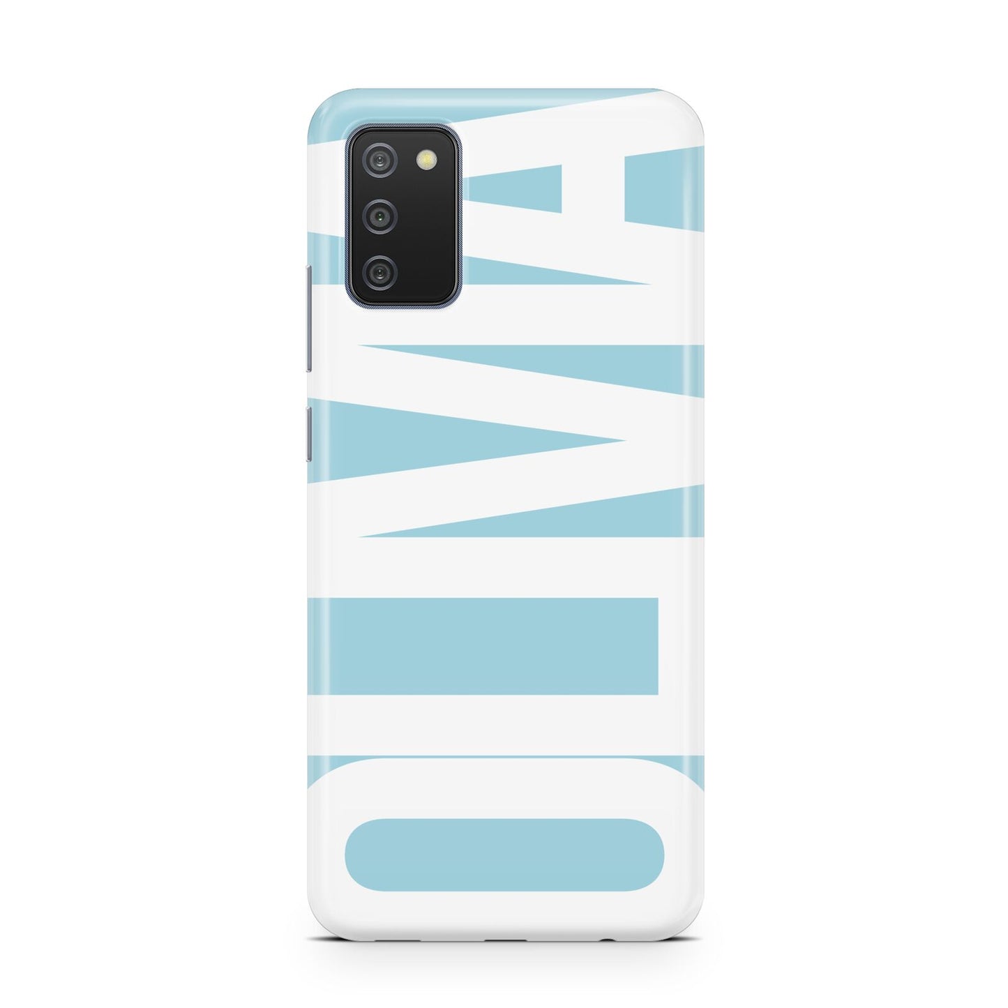 Light Blue with Bold White Name Samsung A02s Case