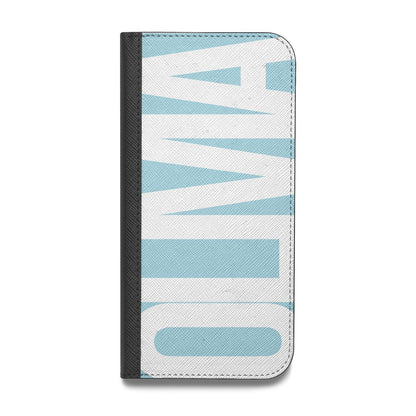 Light Blue with Bold White Name Vegan Leather Flip iPhone Case