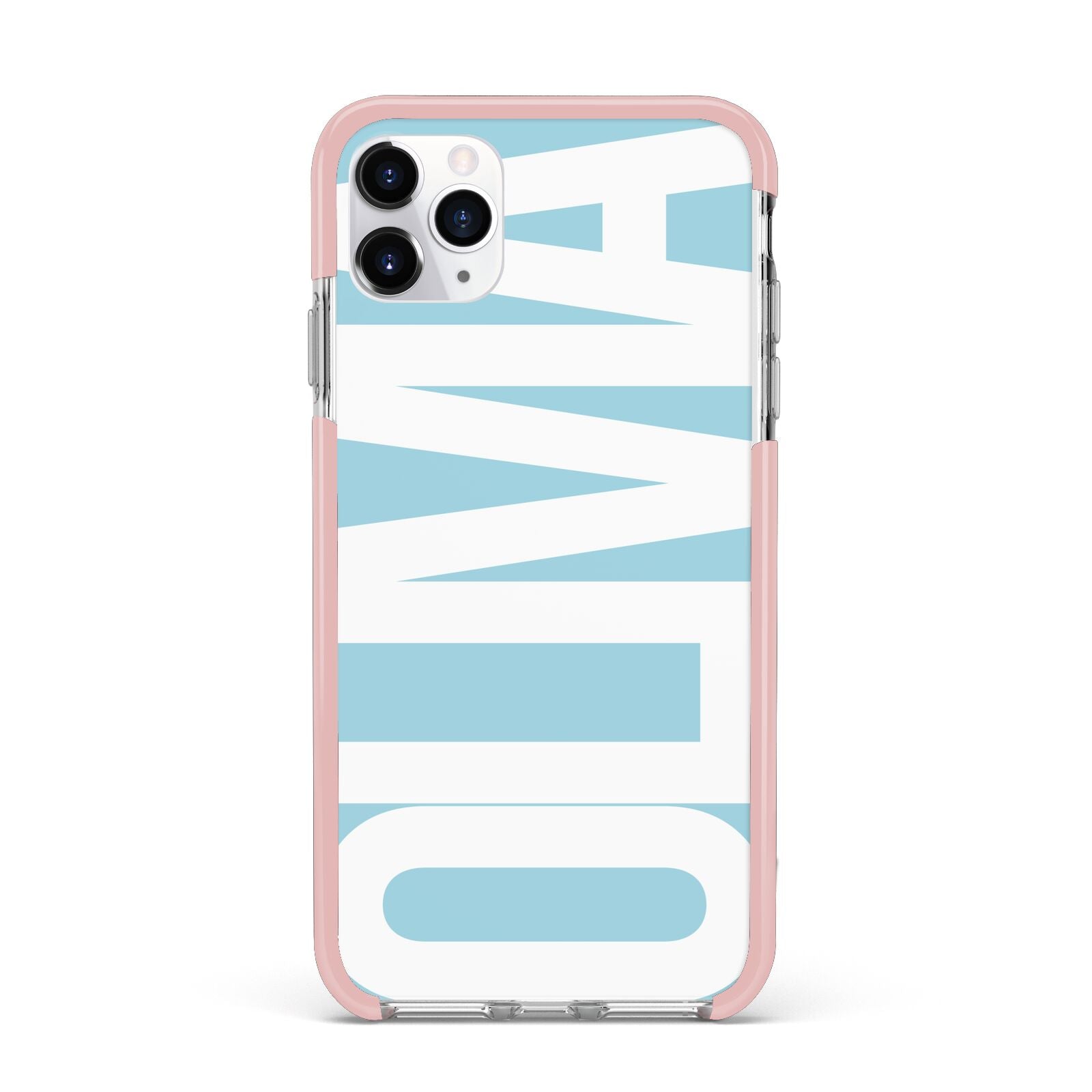 Light Blue with Bold White Name iPhone 11 Pro Max Impact Pink Edge Case