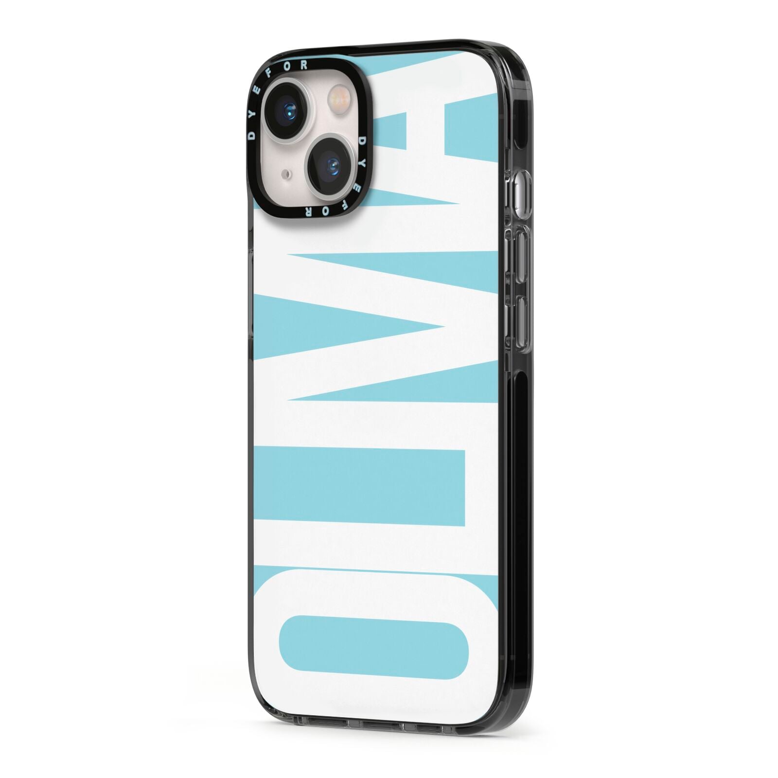 Light Blue with Bold White Name iPhone 13 Black Impact Case Side Angle on Silver phone