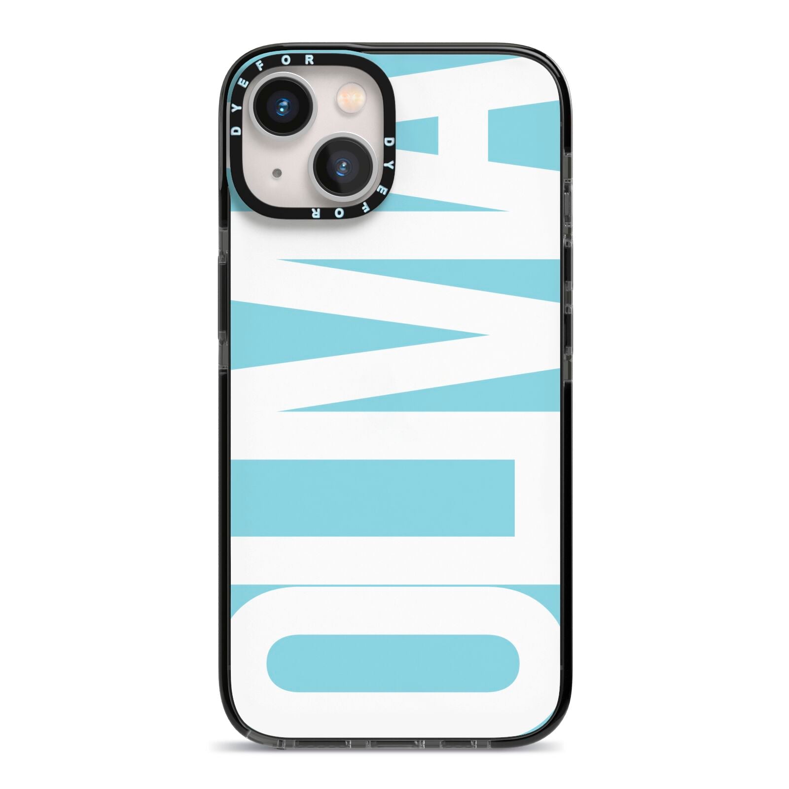 Light Blue with Bold White Name iPhone 13 Black Impact Case on Silver phone