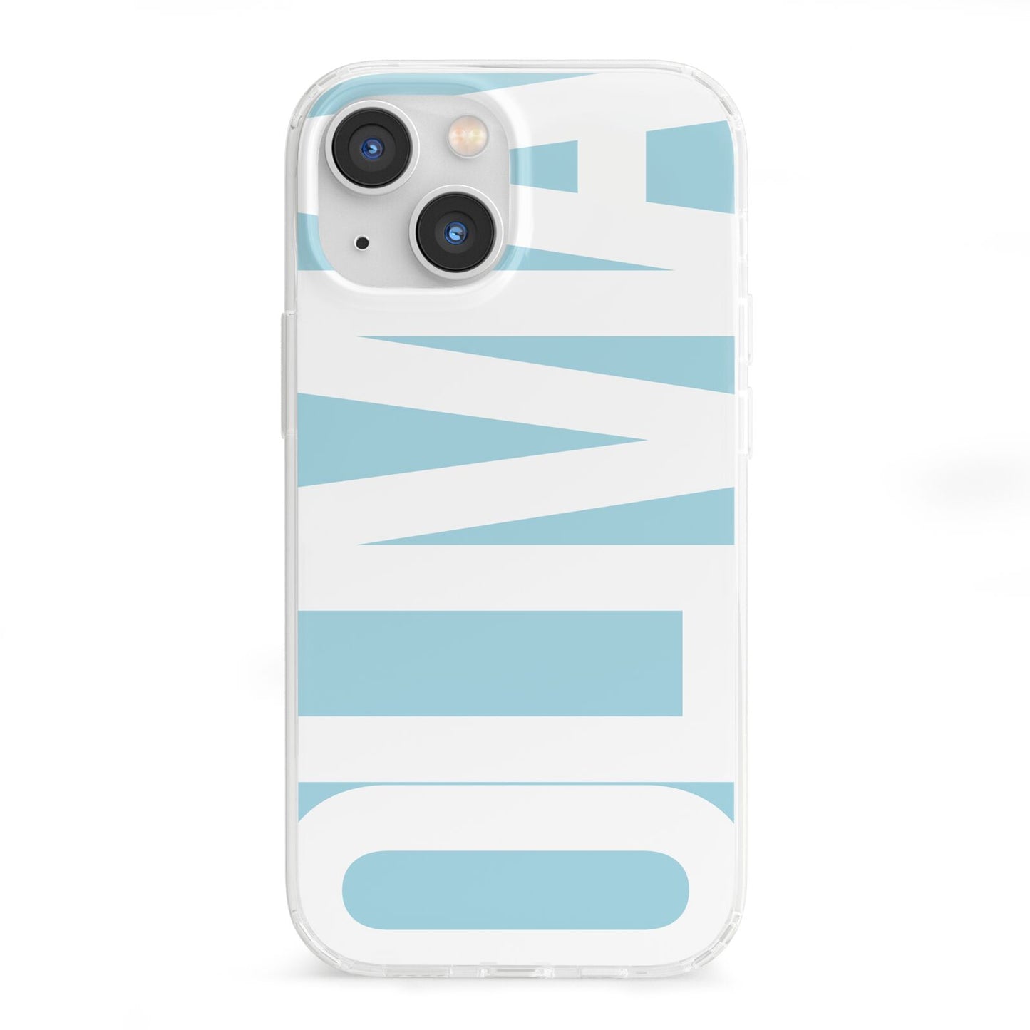 Light Blue with Bold White Name iPhone 13 Mini Clear Bumper Case