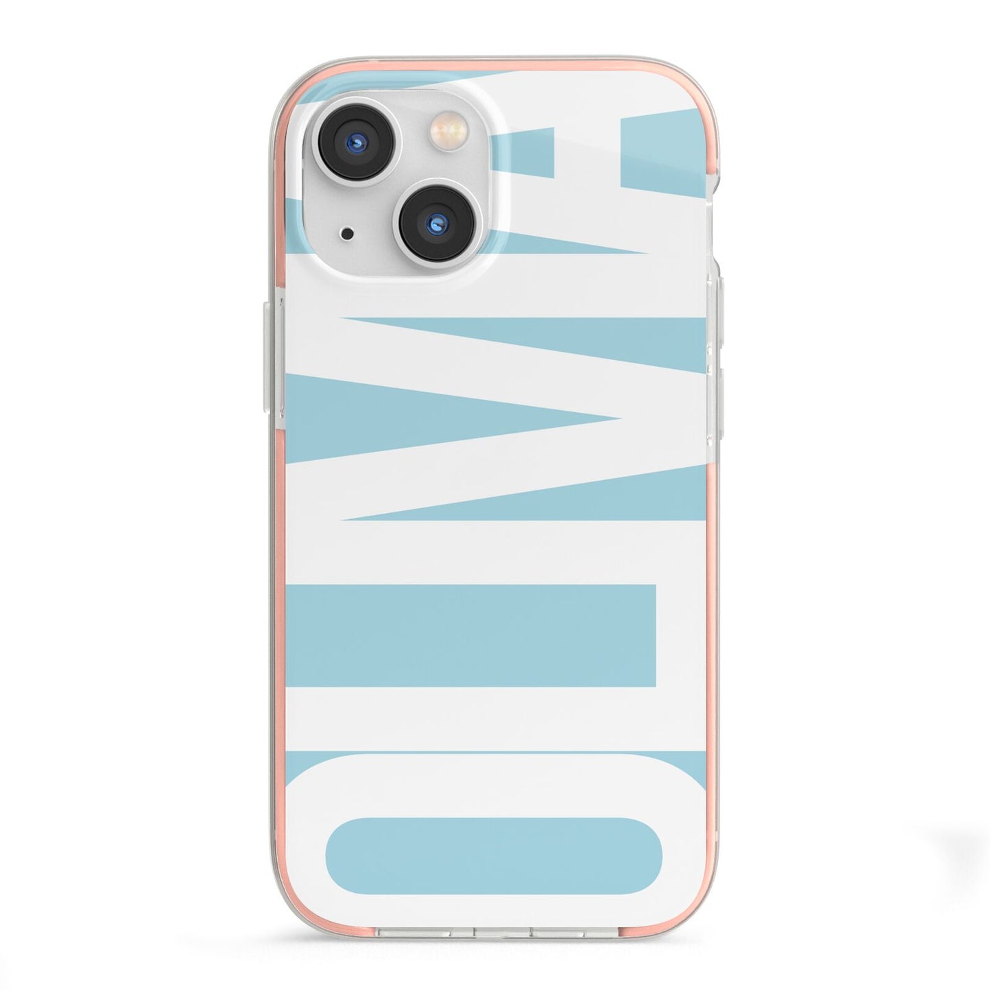 Light Blue with Bold White Name iPhone 13 Mini TPU Impact Case with Pink Edges