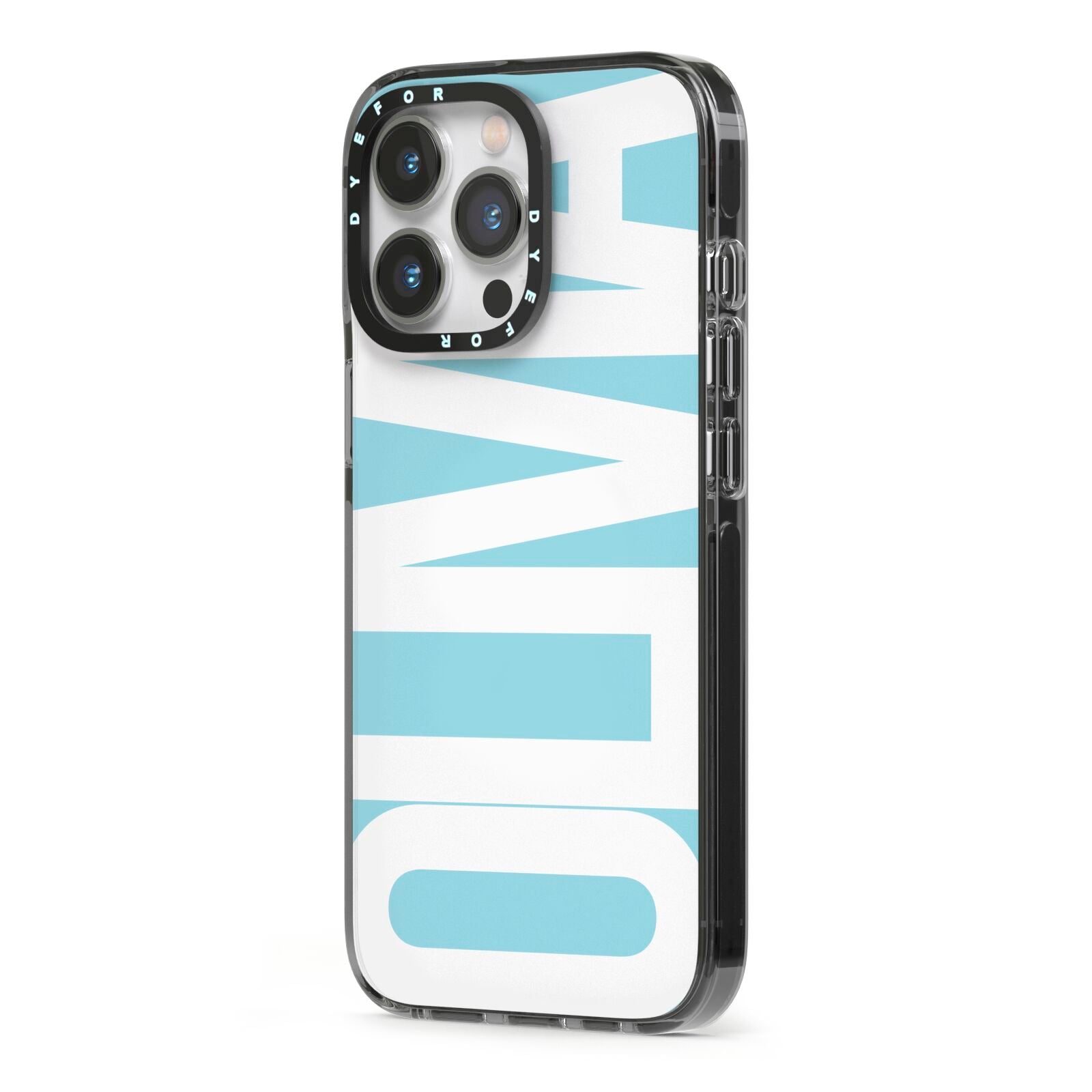 Light Blue with Bold White Name iPhone 13 Pro Black Impact Case Side Angle on Silver phone