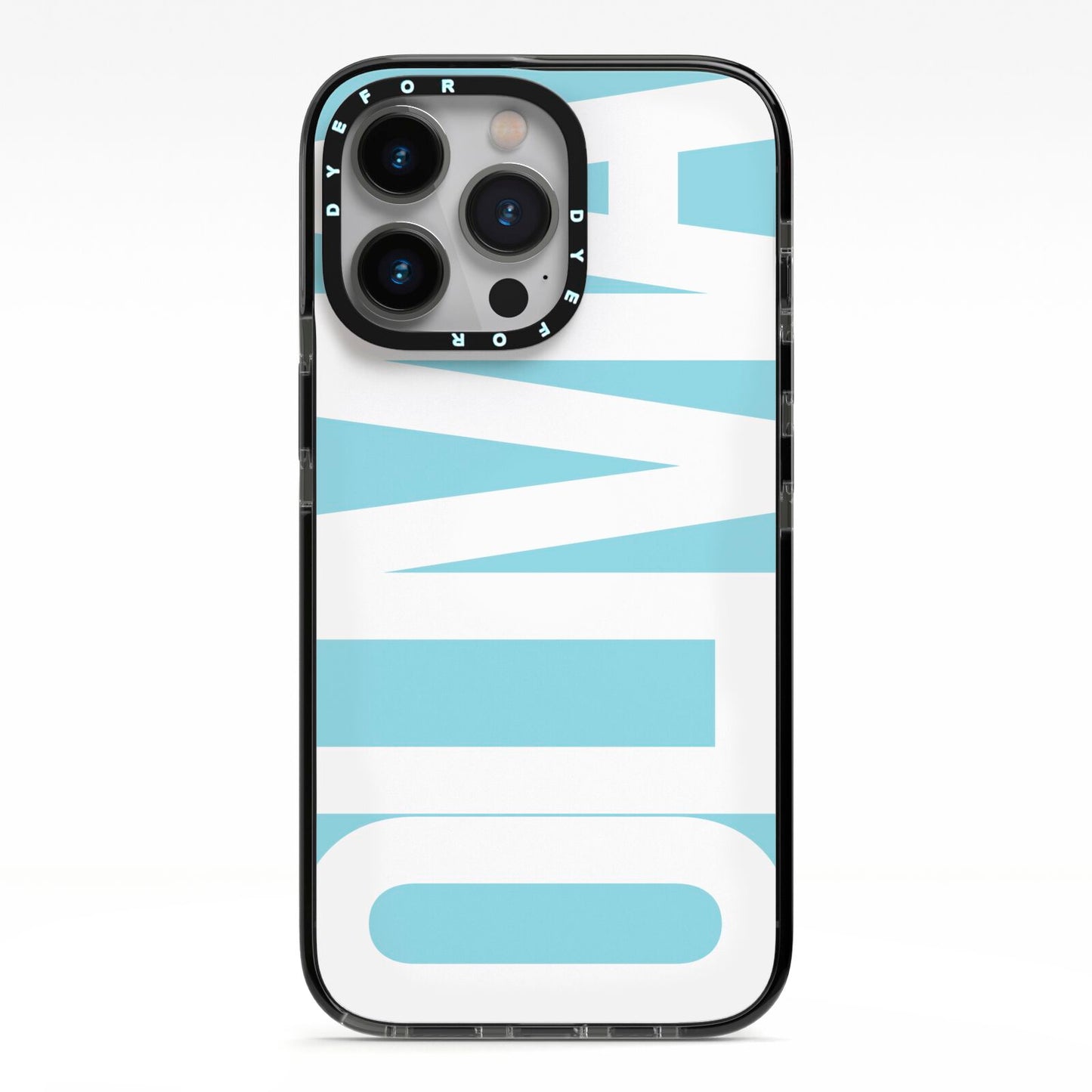 Light Blue with Bold White Name iPhone 13 Pro Black Impact Case on Silver phone