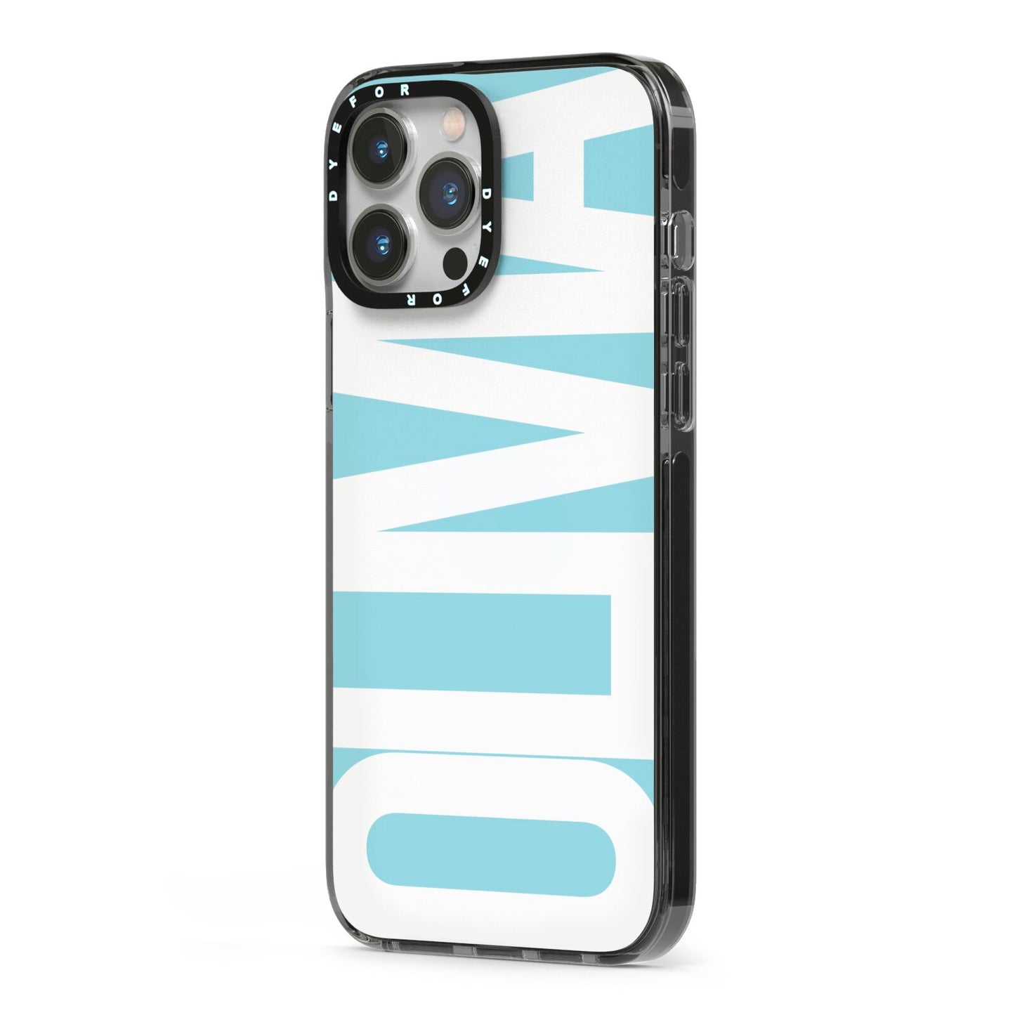 Light Blue with Bold White Name iPhone 13 Pro Max Black Impact Case Side Angle on Silver phone