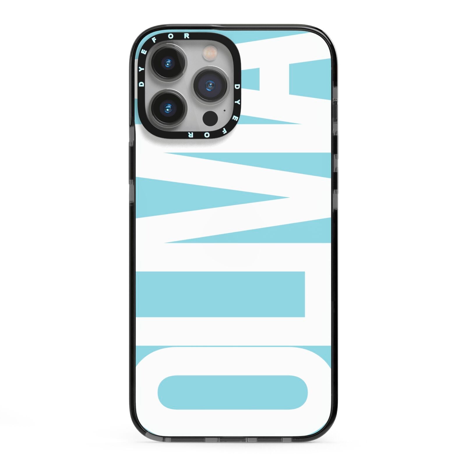 Light Blue with Bold White Name iPhone 13 Pro Max Black Impact Case on Silver phone