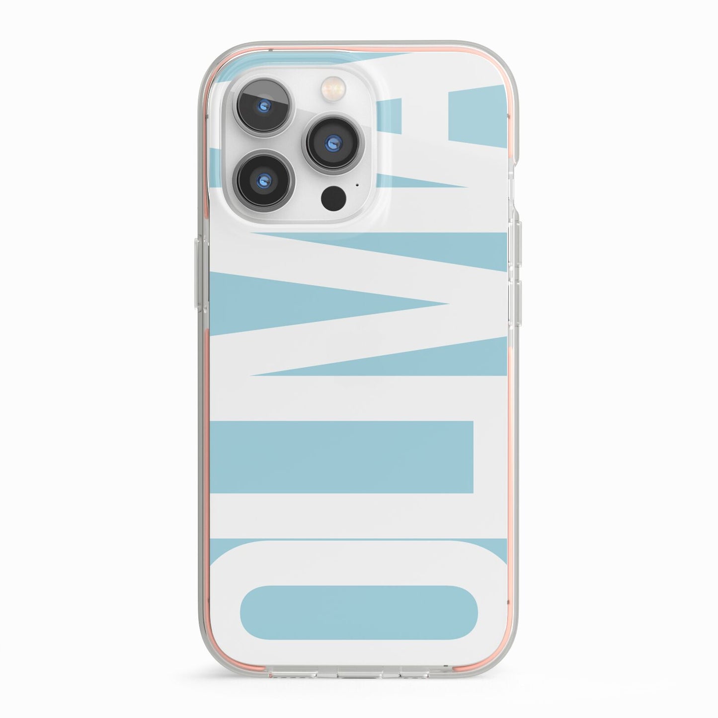 Light Blue with Bold White Name iPhone 13 Pro TPU Impact Case with Pink Edges