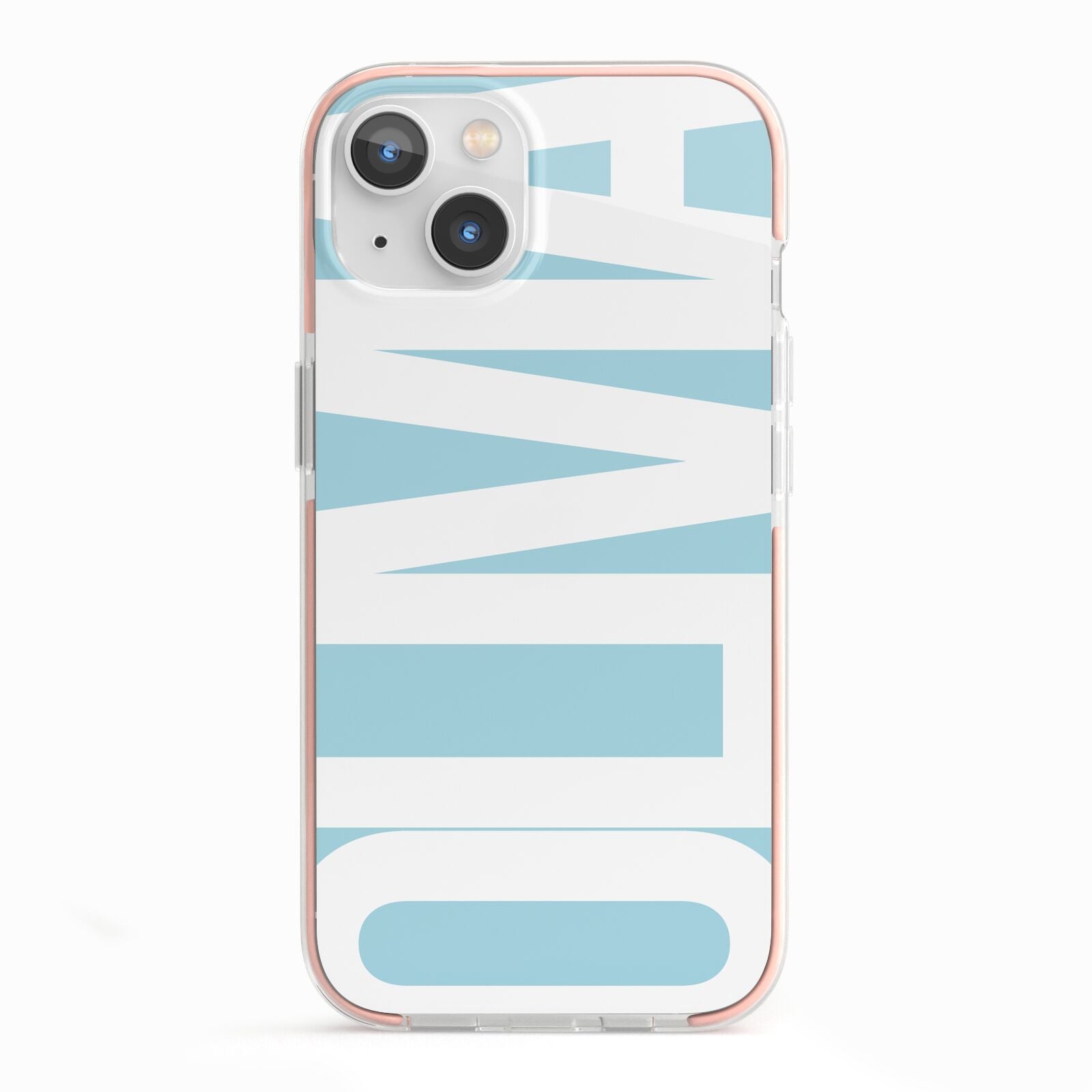 Light Blue with Bold White Name iPhone 13 TPU Impact Case with Pink Edges