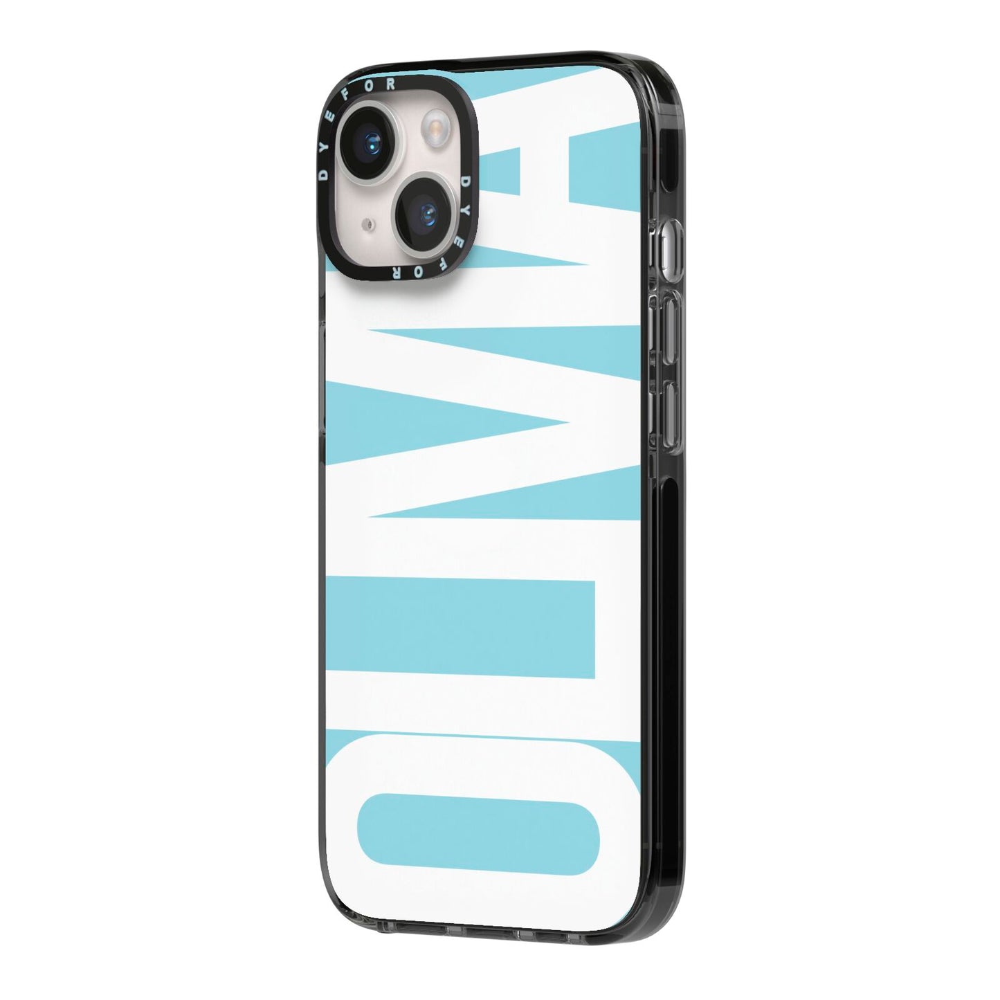 Light Blue with Bold White Name iPhone 14 Black Impact Case Side Angle on Silver phone