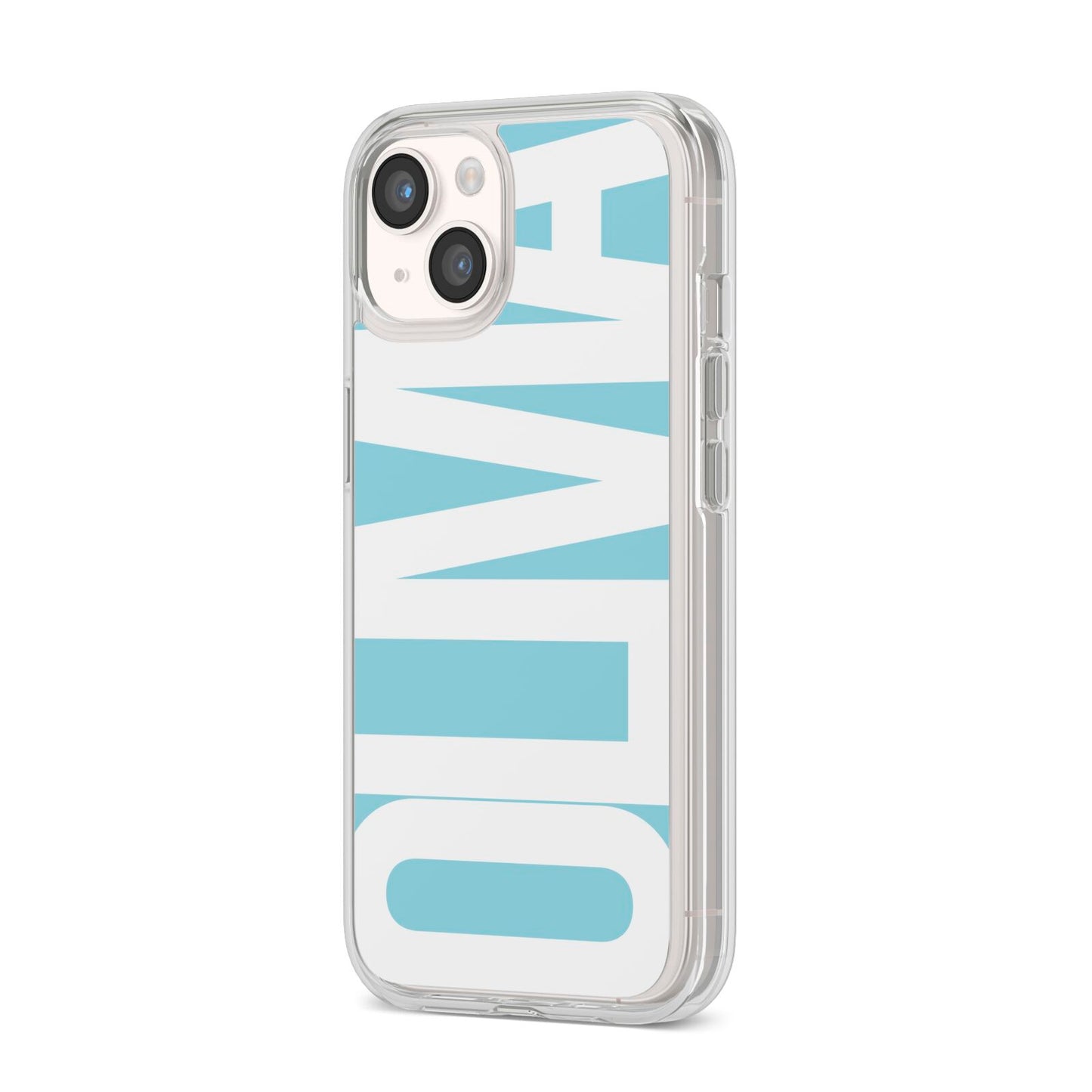 Light Blue with Bold White Name iPhone 14 Clear Tough Case Starlight Angled Image