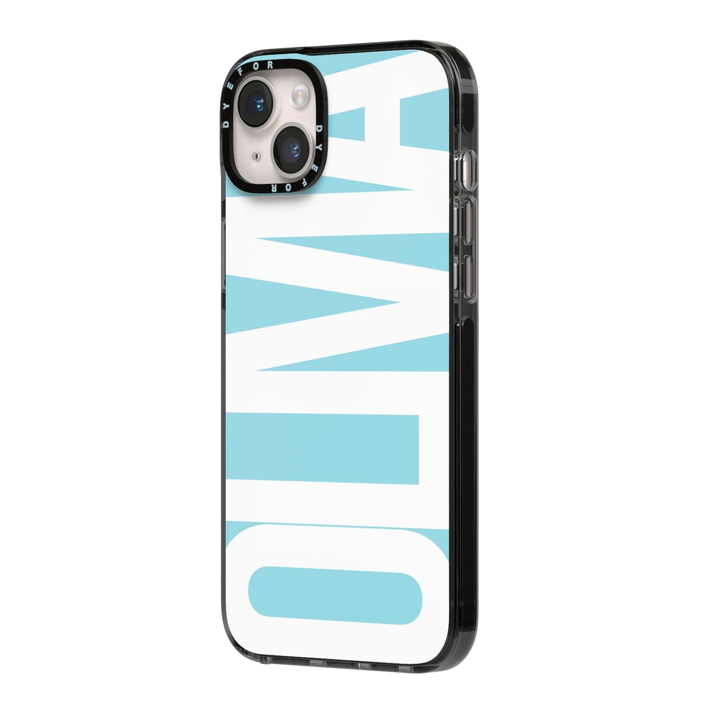 Light Blue with Bold White Name iPhone 14 Plus Black Impact Case Side Angle on Silver phone