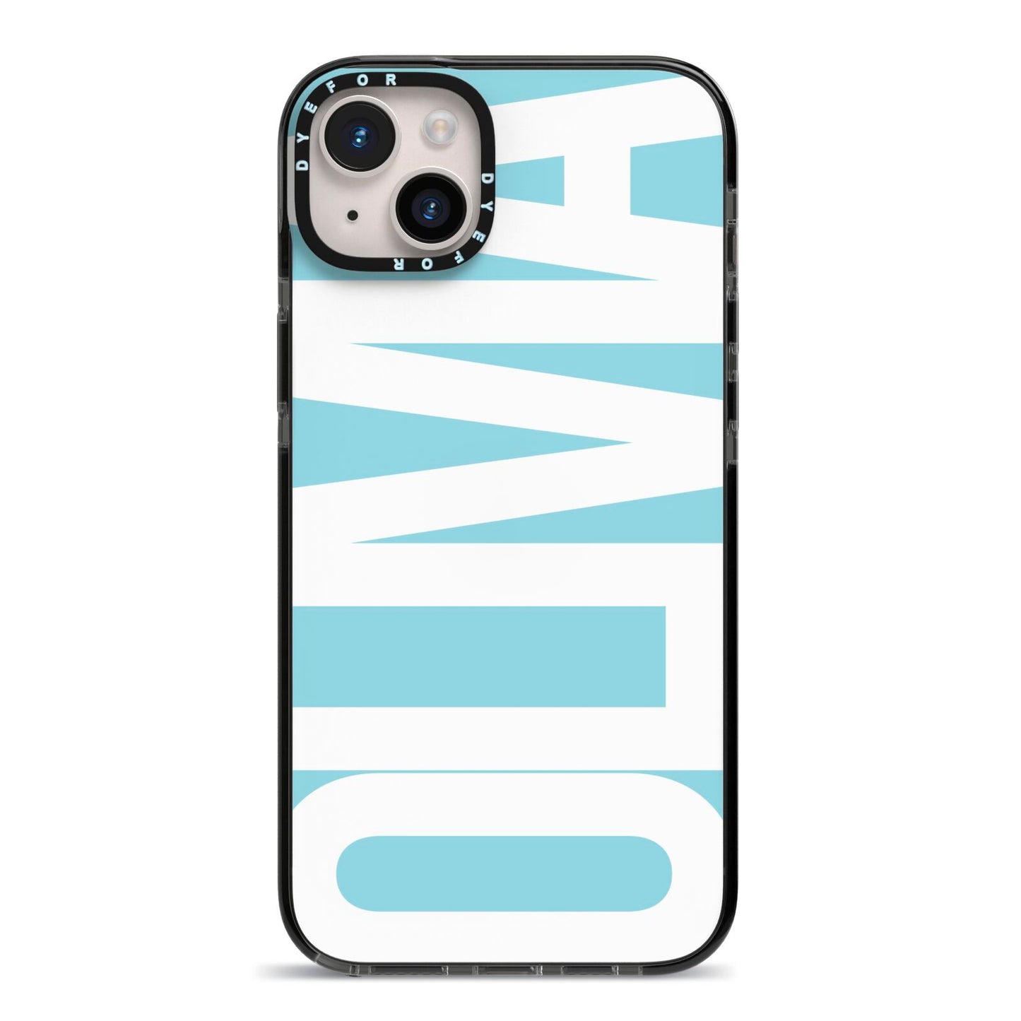 Light Blue with Bold White Name iPhone 14 Plus Black Impact Case on Silver phone