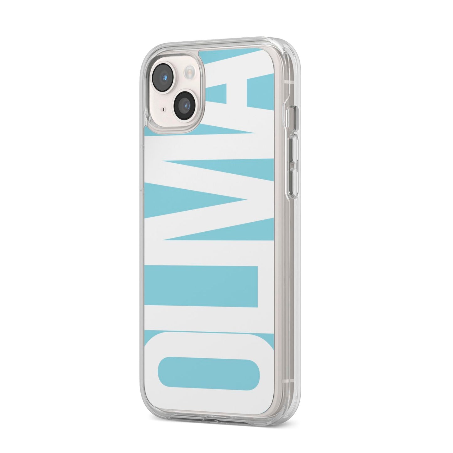 Light Blue with Bold White Name iPhone 14 Plus Clear Tough Case Starlight Angled Image