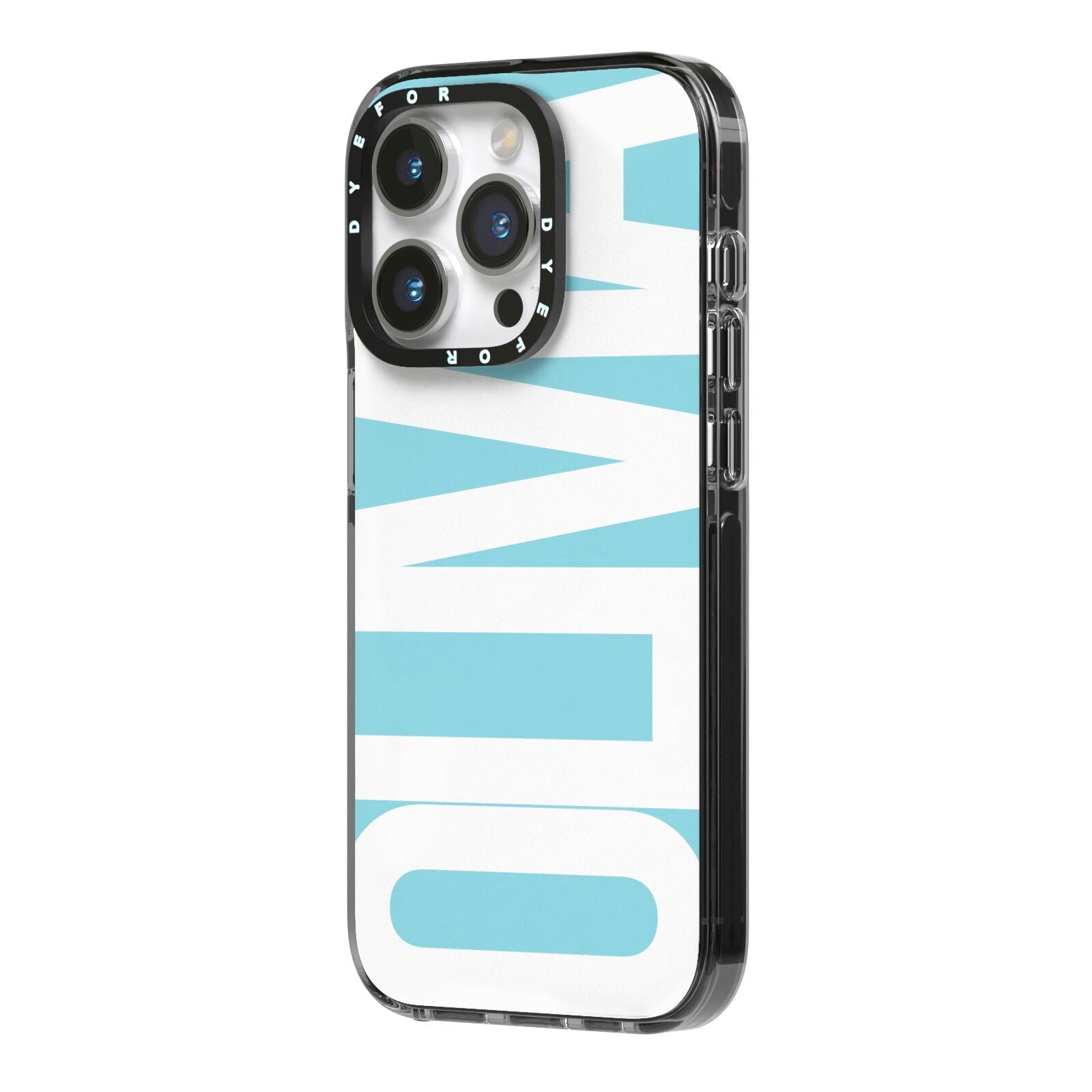 Light Blue with Bold White Name iPhone 14 Pro Black Impact Case Side Angle on Silver phone