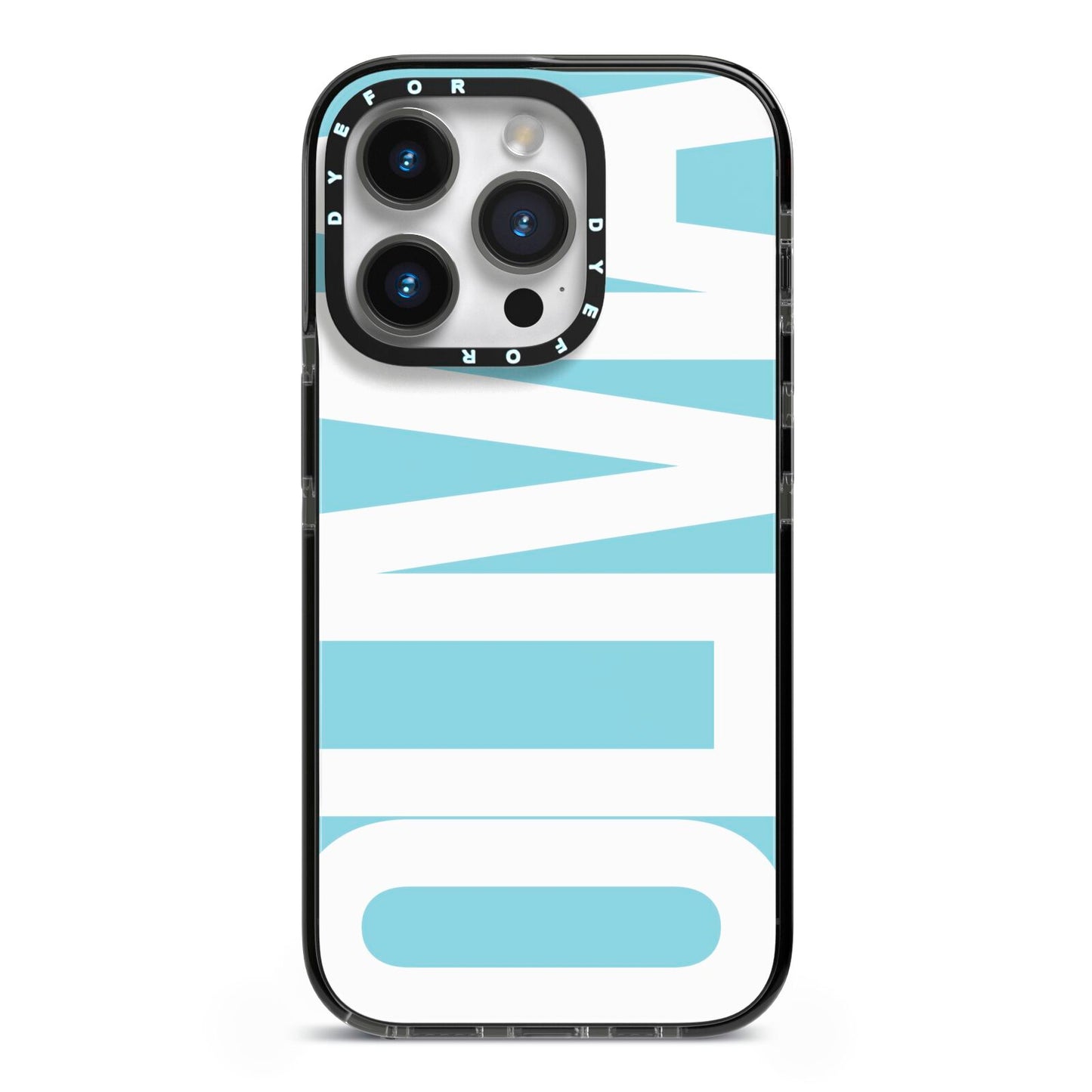 Light Blue with Bold White Name iPhone 14 Pro Black Impact Case on Silver phone