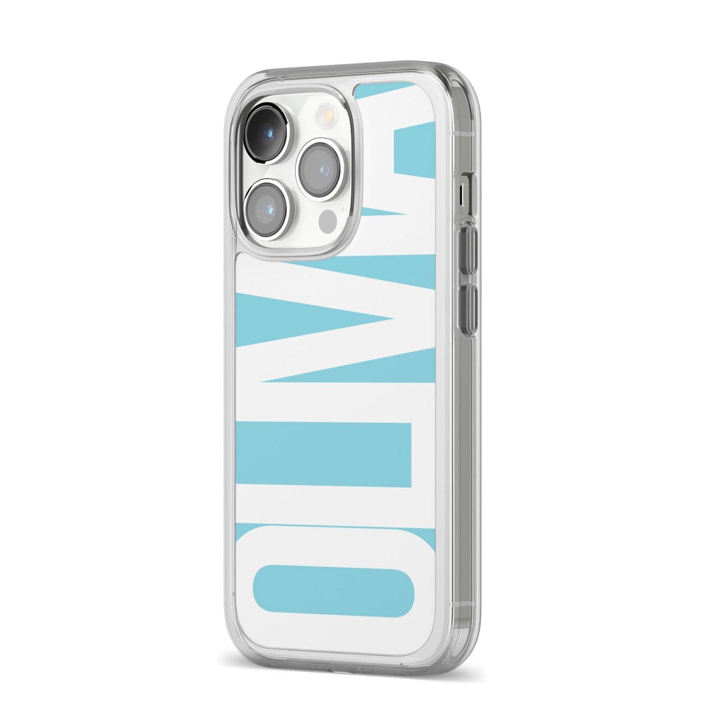 Light Blue with Bold White Name iPhone 14 Pro Clear Tough Case Silver Angled Image