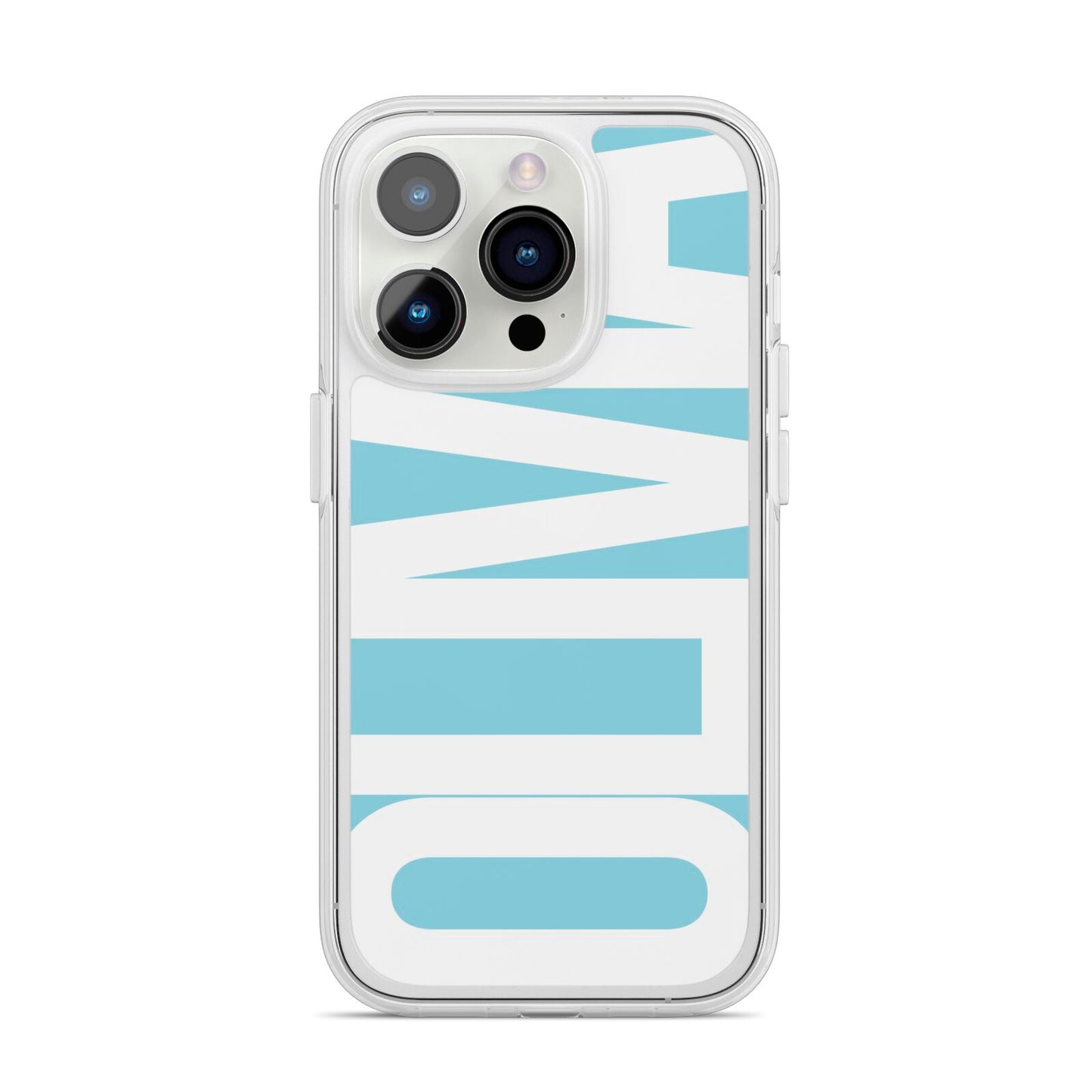 Light Blue with Bold White Name iPhone 14 Pro Clear Tough Case Silver