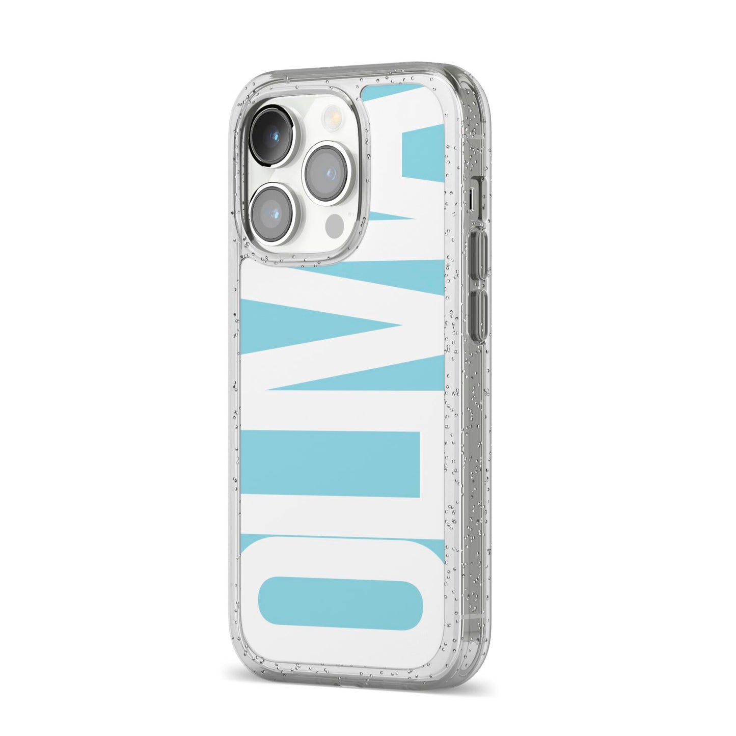 Light Blue with Bold White Name iPhone 14 Pro Glitter Tough Case Silver Angled Image