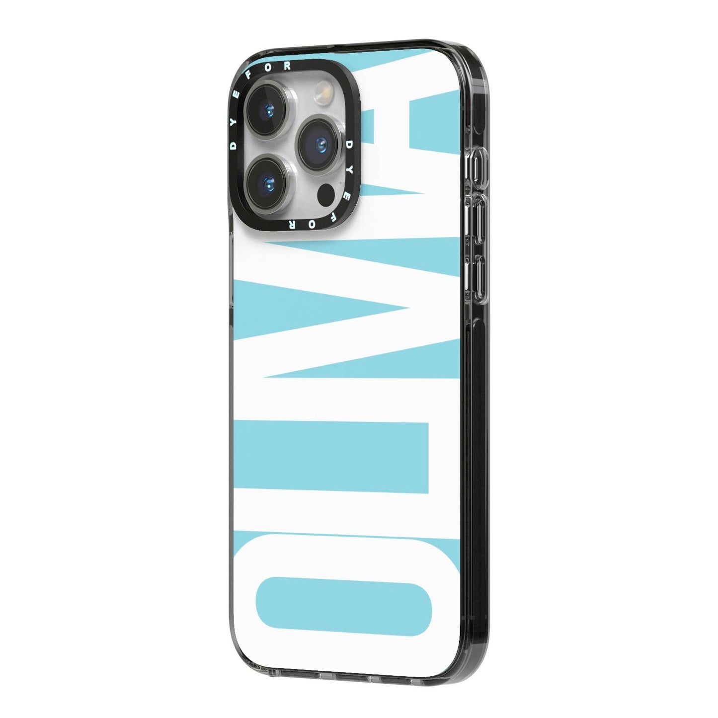 Light Blue with Bold White Name iPhone 14 Pro Max Black Impact Case Side Angle on Silver phone