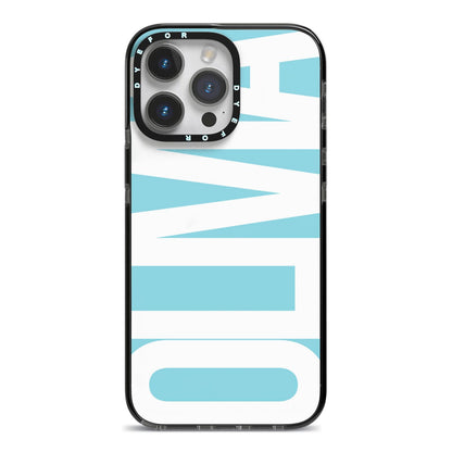 Light Blue with Bold White Name iPhone 14 Pro Max Black Impact Case on Silver phone