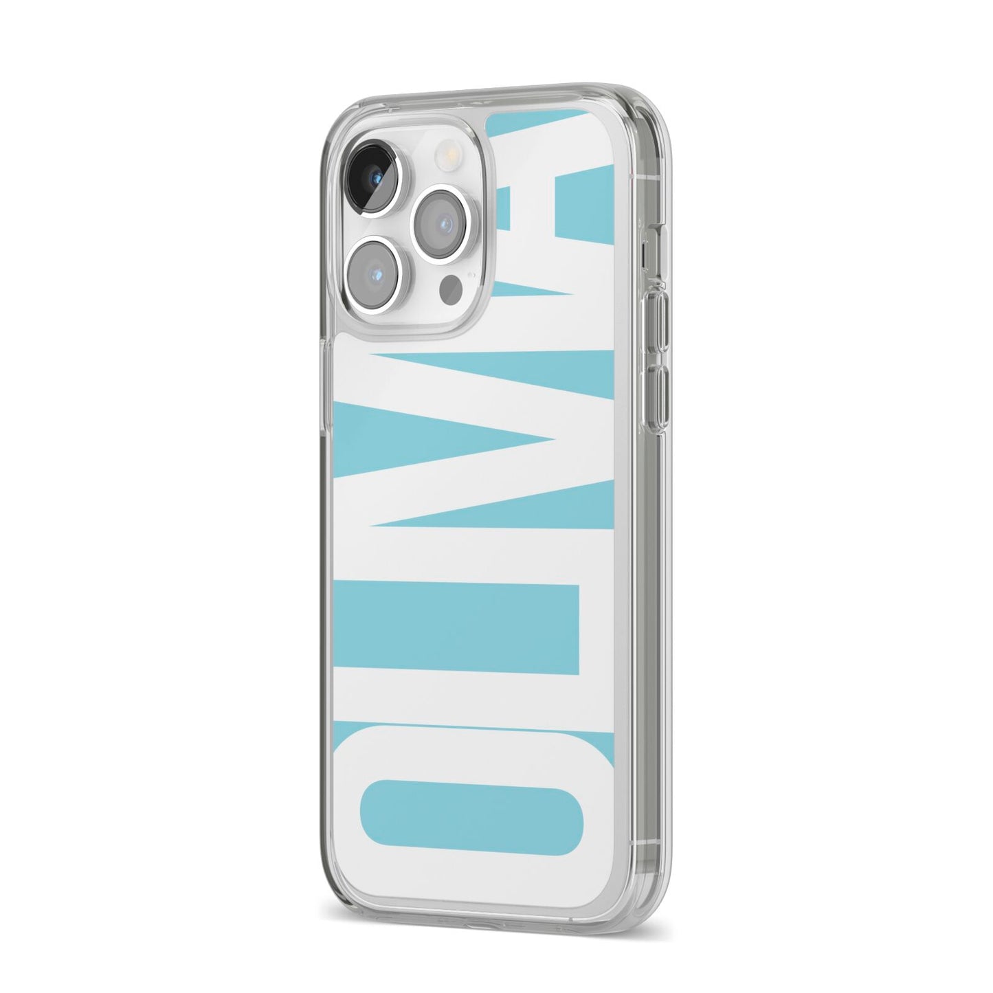 Light Blue with Bold White Name iPhone 14 Pro Max Clear Tough Case Silver Angled Image