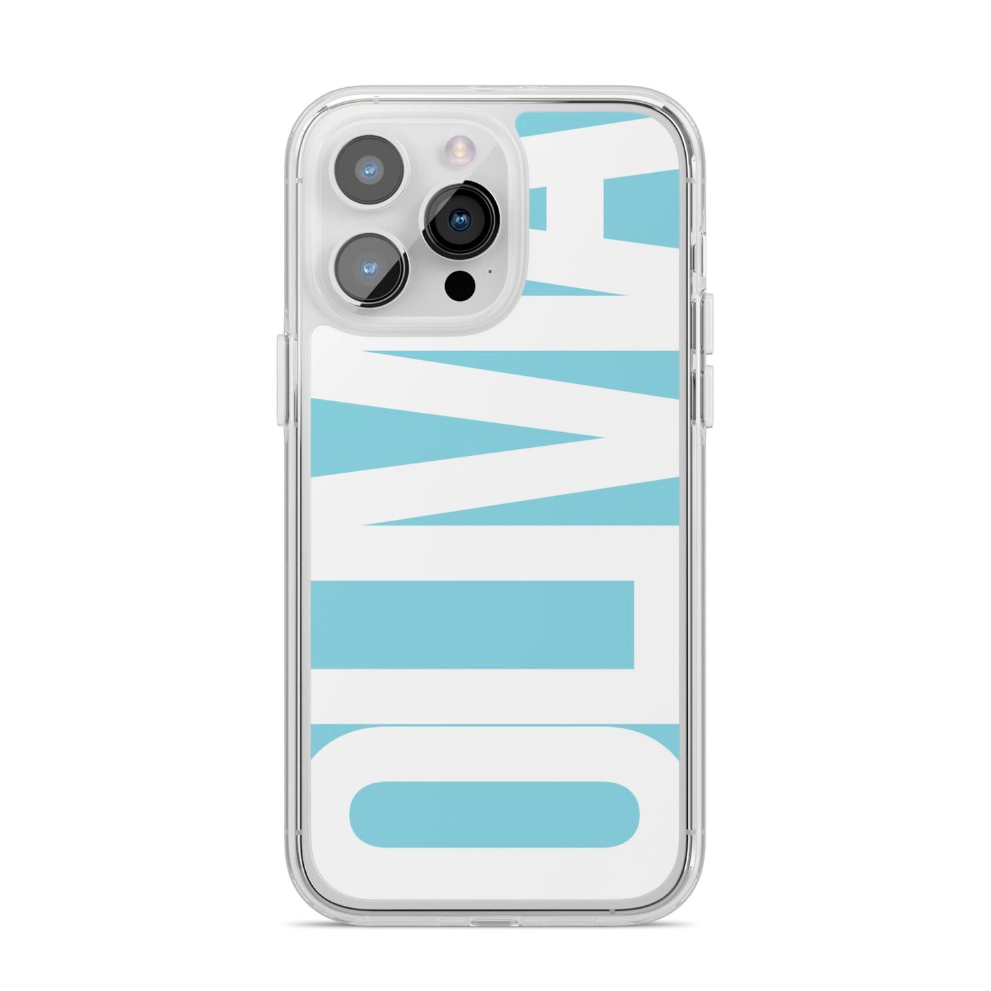 Light Blue with Bold White Name iPhone 14 Pro Max Clear Tough Case Silver