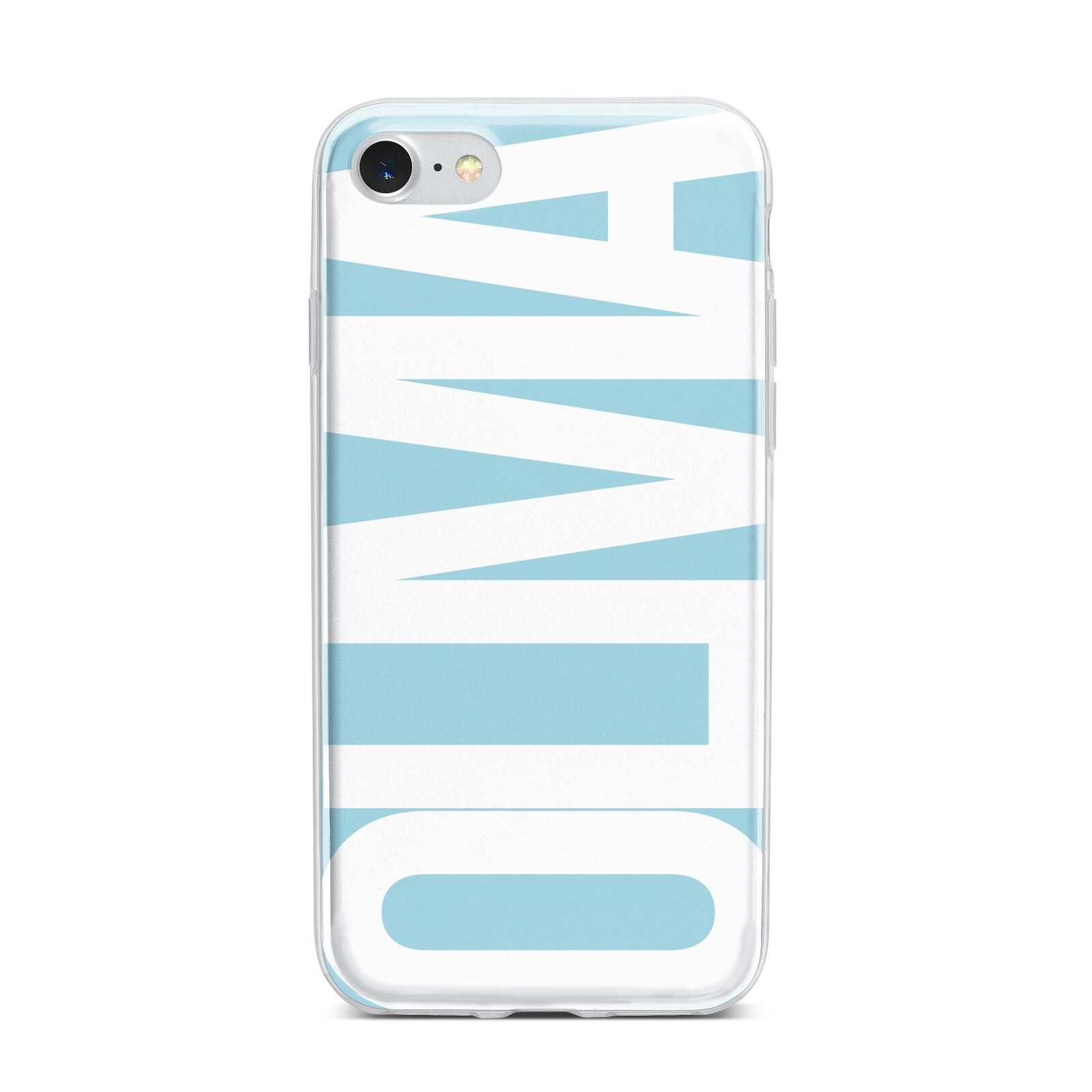 Light Blue with Bold White Name iPhone 7 Bumper Case on Silver iPhone