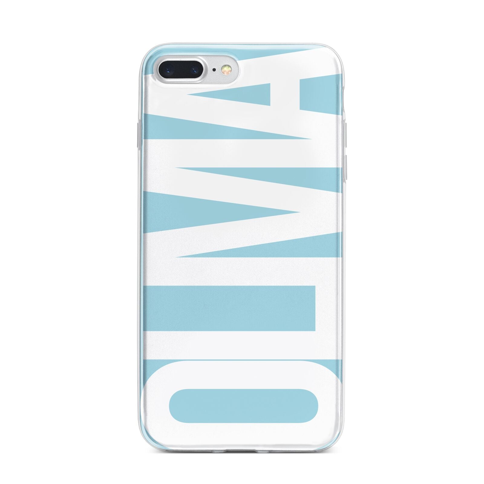 Light Blue with Bold White Name iPhone 7 Plus Bumper Case on Silver iPhone