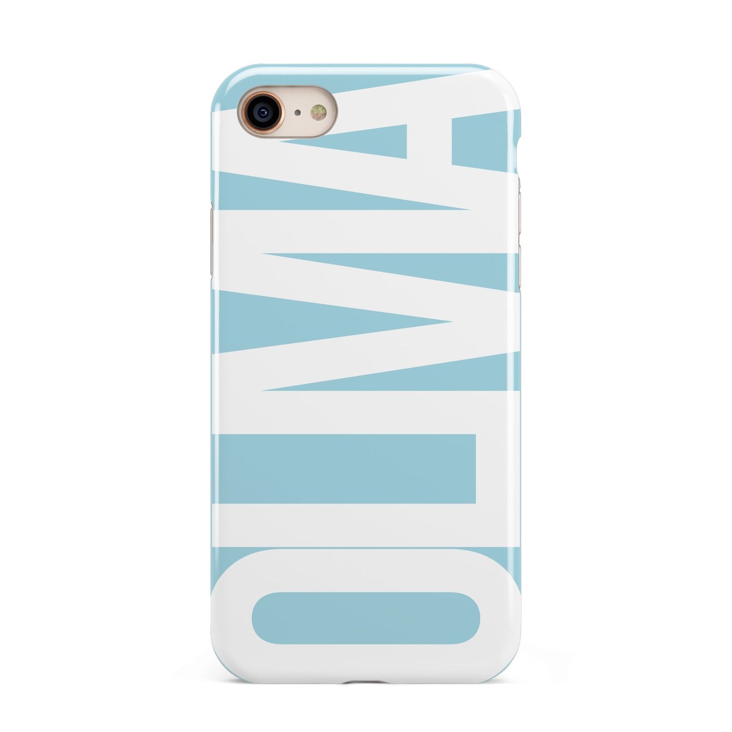 Light Blue with Bold White Name iPhone 8 3D Tough Case on Gold Phone